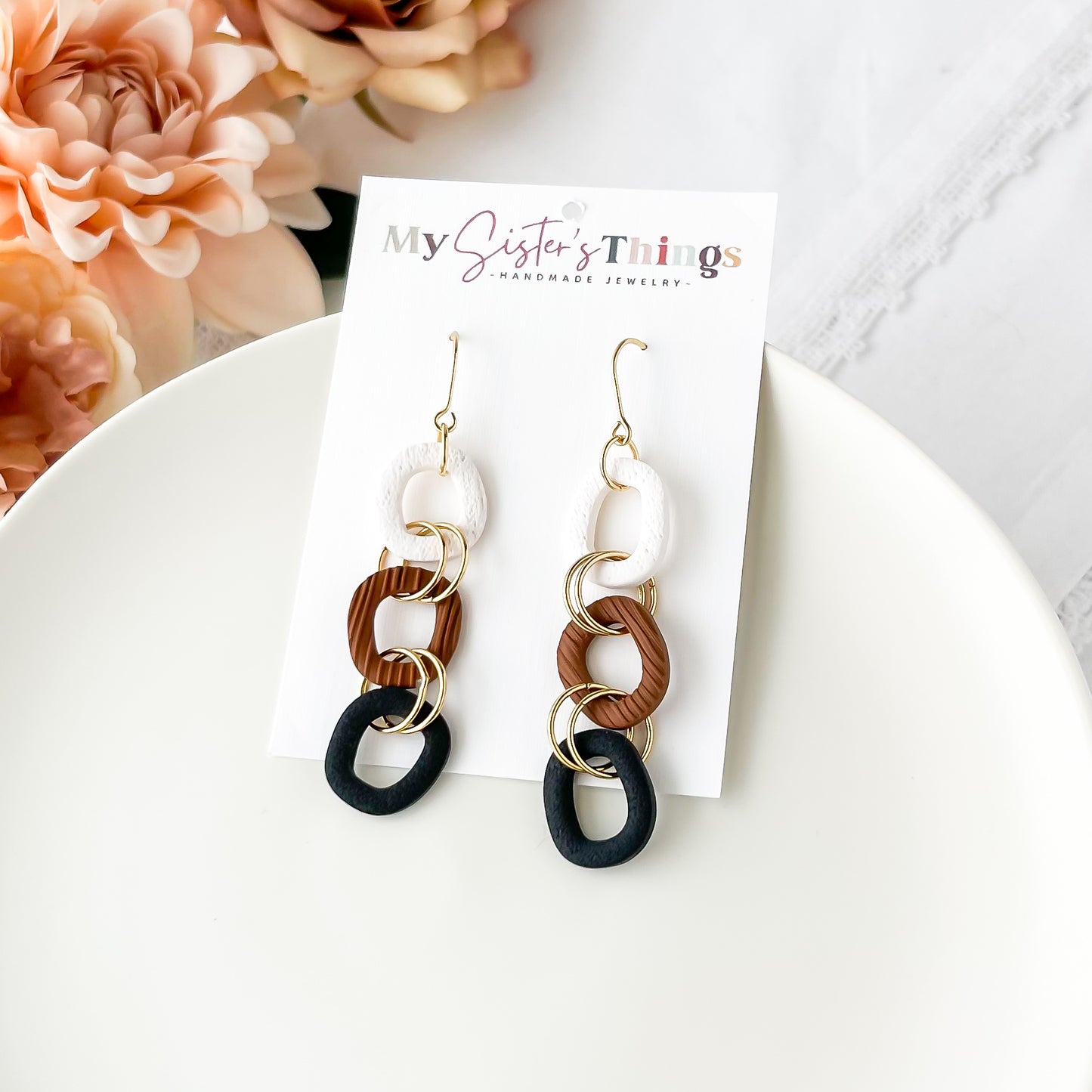 Neutral Dangle Handmade Polymer Clay Statement Earrings | Unique Boho Chic Artisan Jewelry