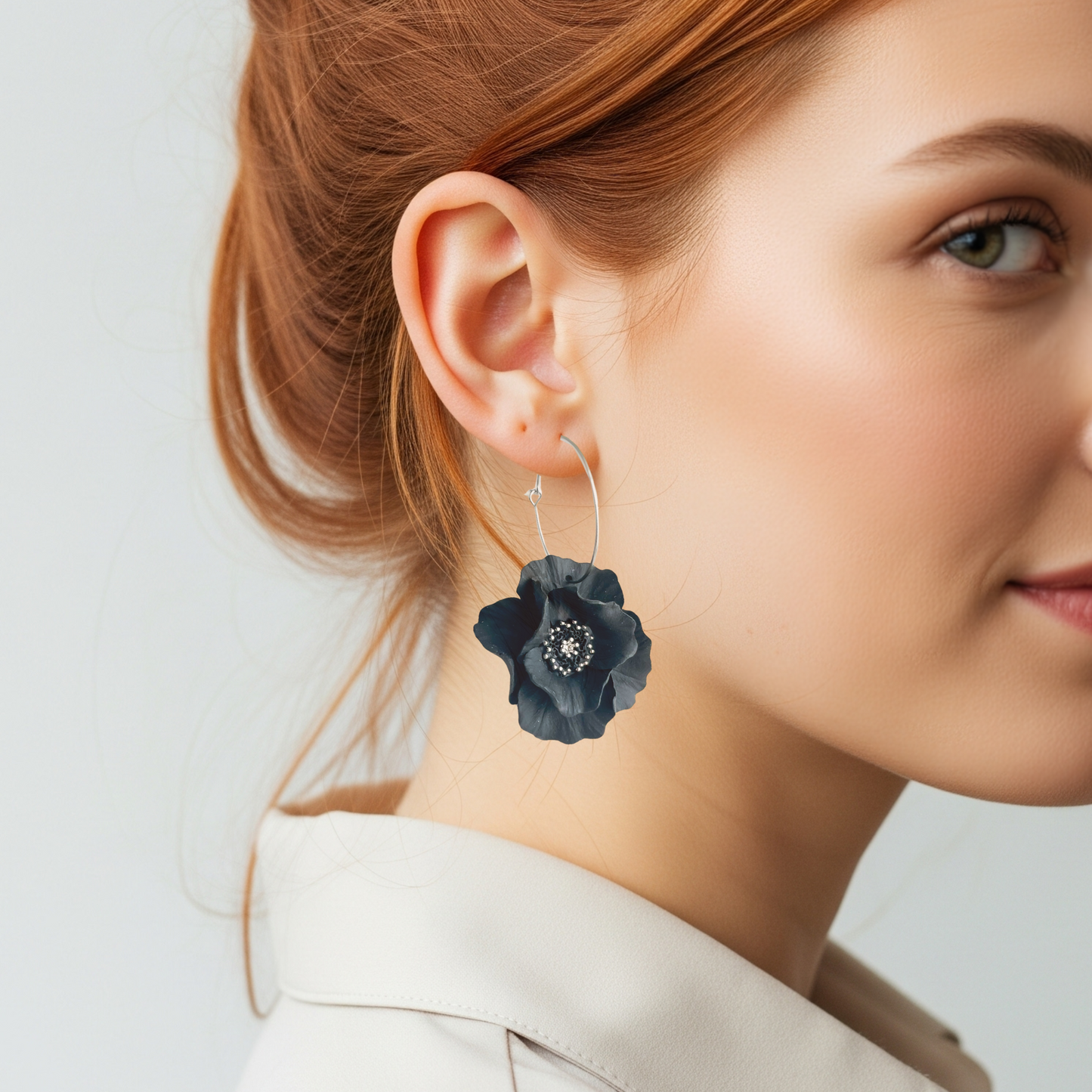 Black Flower Hoop Earrings, Lightweight Statement Jewelry, Polymer Clay Large Flower Earrings
