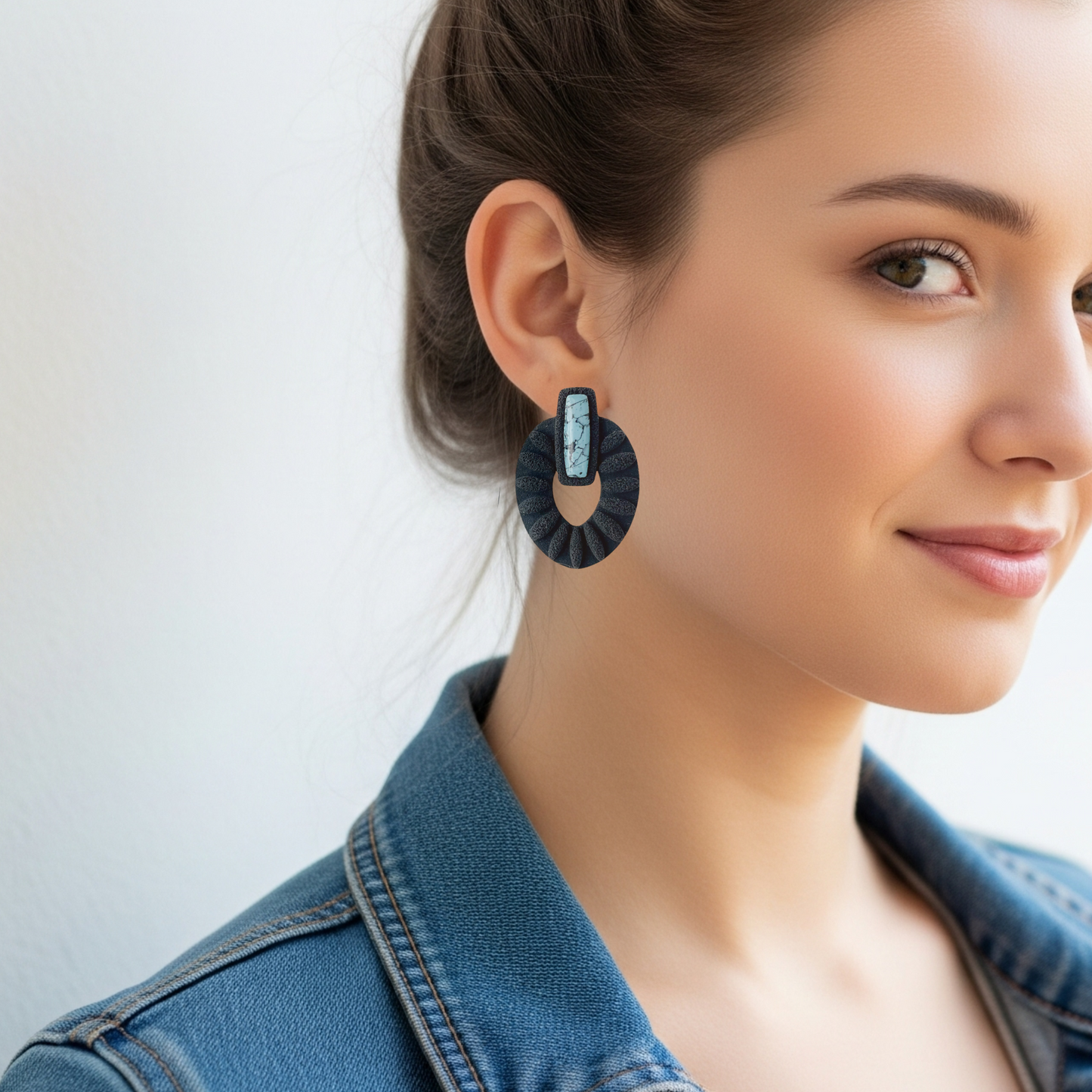 Marble Inlay Black Statement Earrings, Western Concho Stud Earrings, Southwestern Turquoise Clay Jewelry, Clip On Earrings, Faux Turquoise Boho Earrings,