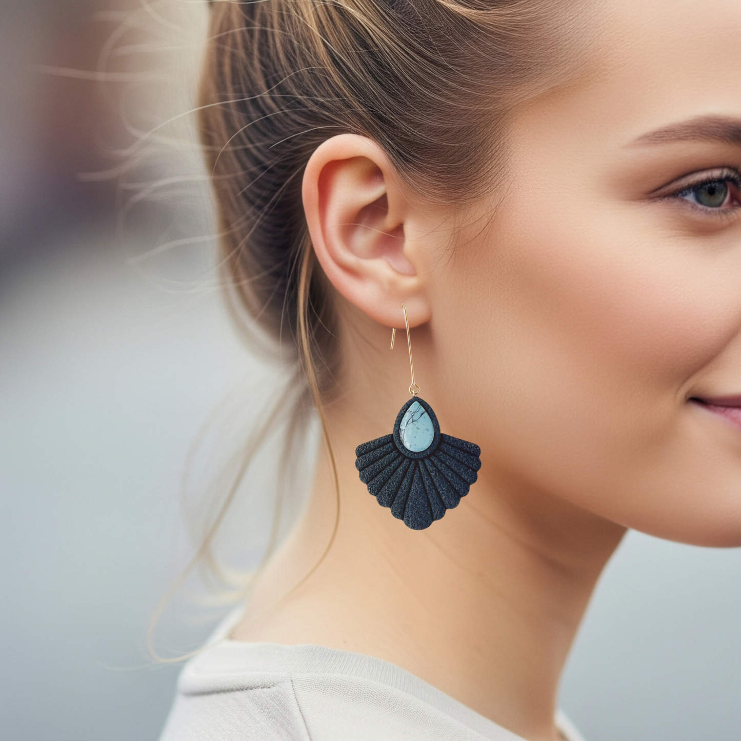Western Turquoise Polymer Clay Earrings In Black, Lightweight Boho Dangle Earrings, Handmade Clip On Statement Jewelry