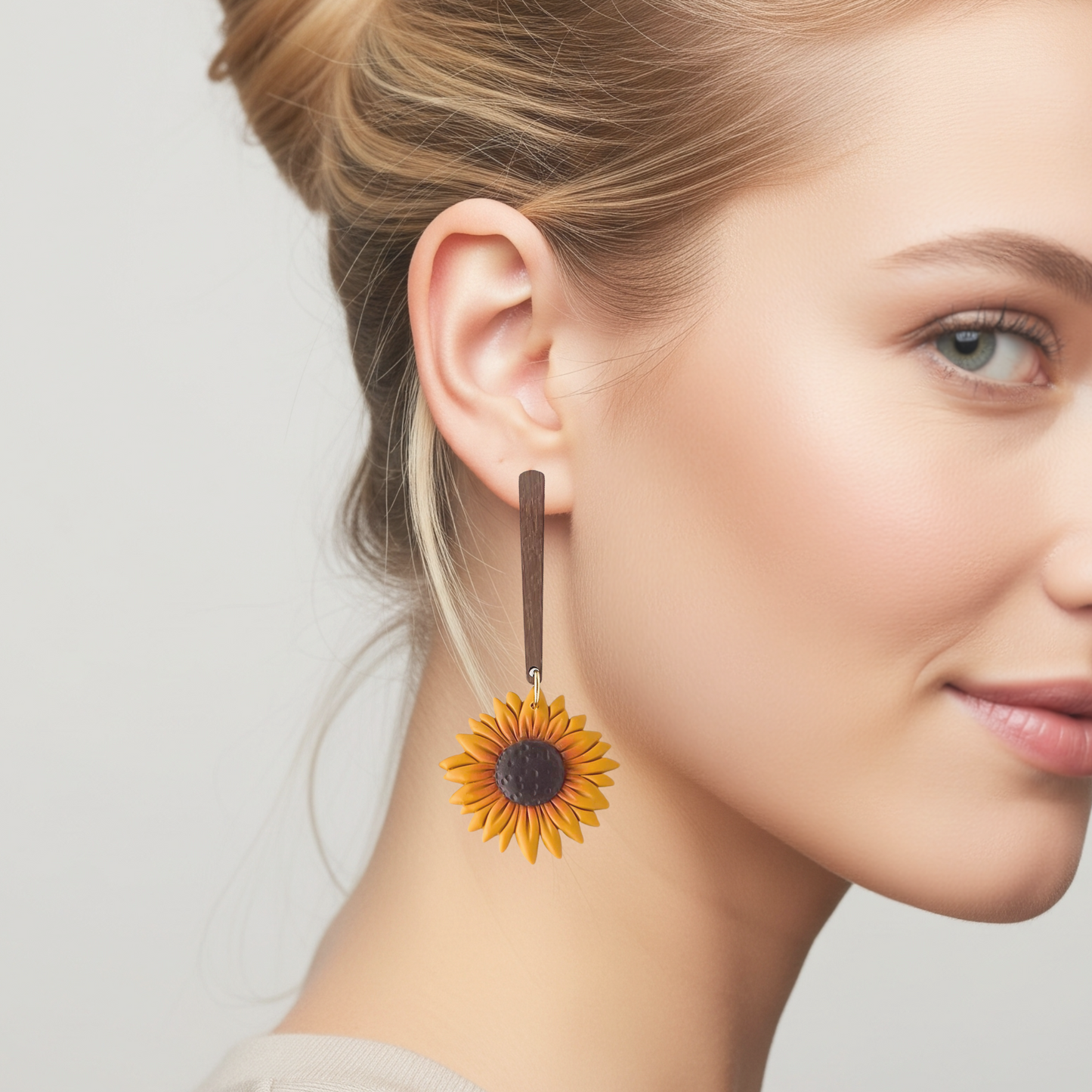 Handmade Sunflower Dangle Earring, Hypoallergenic Surgical Steel Polymer Clay Jewelry, Clip On Earring Option