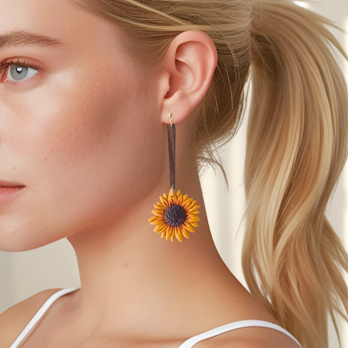 Handmade Sunflower Dangle Earring, Hypoallergenic Surgical Steel Polymer Clay Jewelry, Clip On Earring Option
