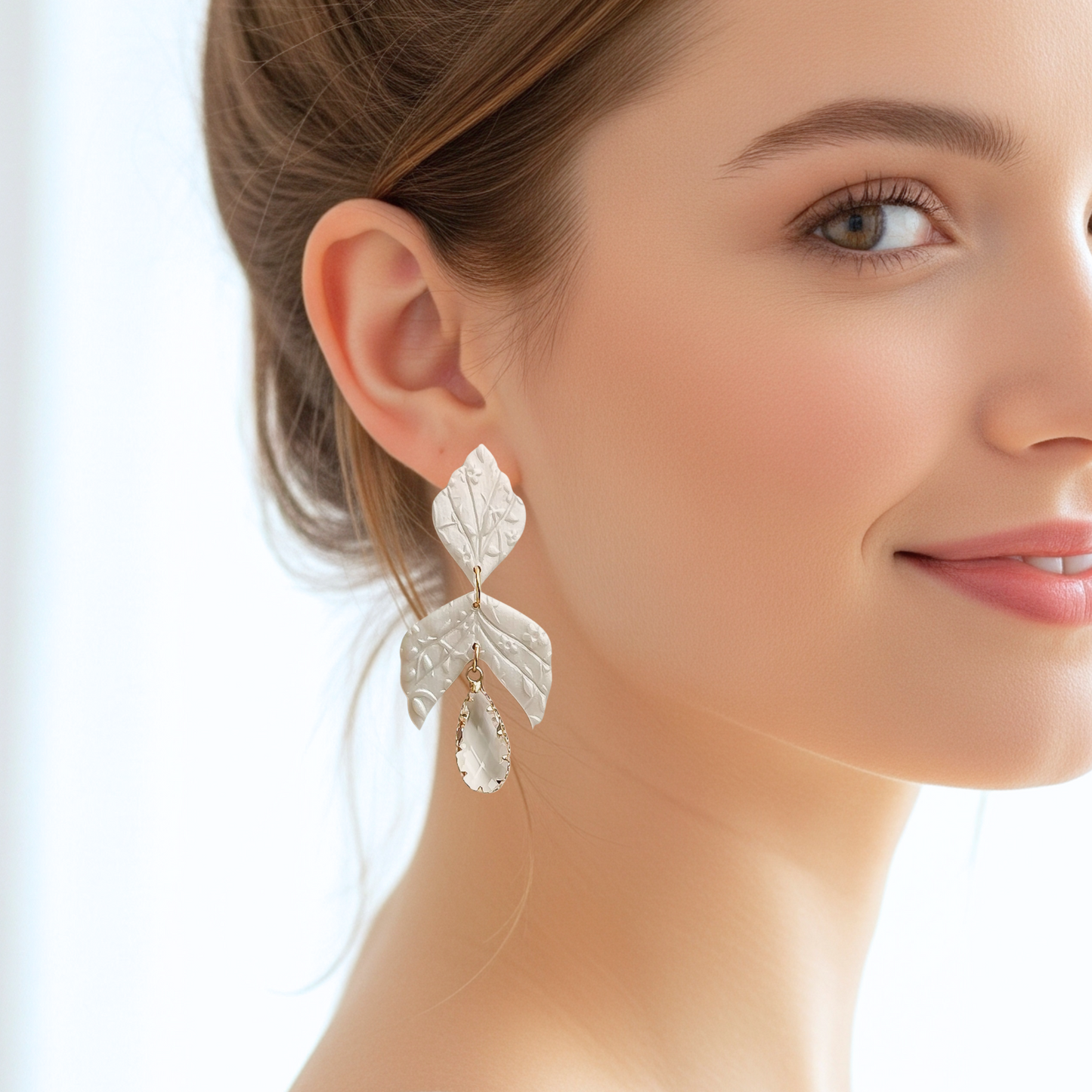 Handmade Bridal Dangle Earrings: Unique Statement Jewelry with Pearl White Polymer Clay & Faceted Glass Charm, Boho Chic Fashion, Clip-On Earring Option