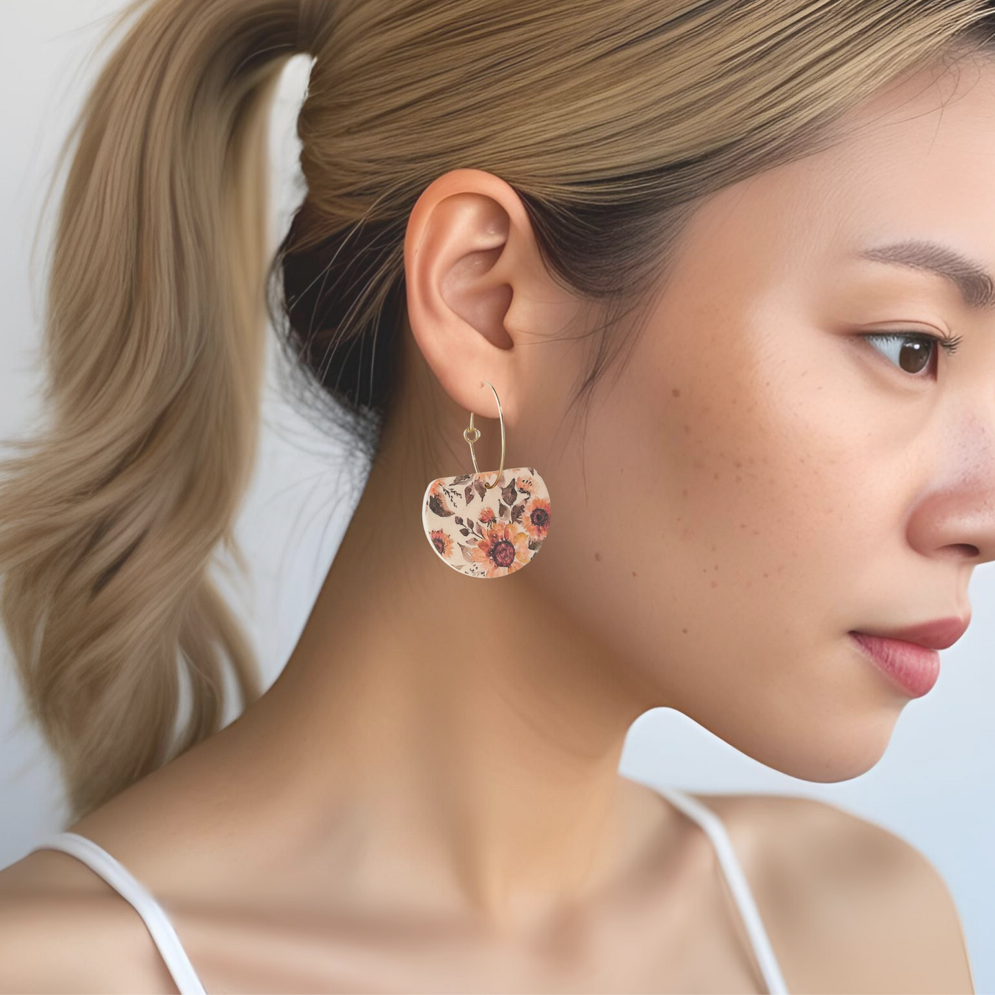 Sunflower Hoop Earrings: Handmade Polymer Clay Jewelry, Fall Floral Earrings, Clip-On Option