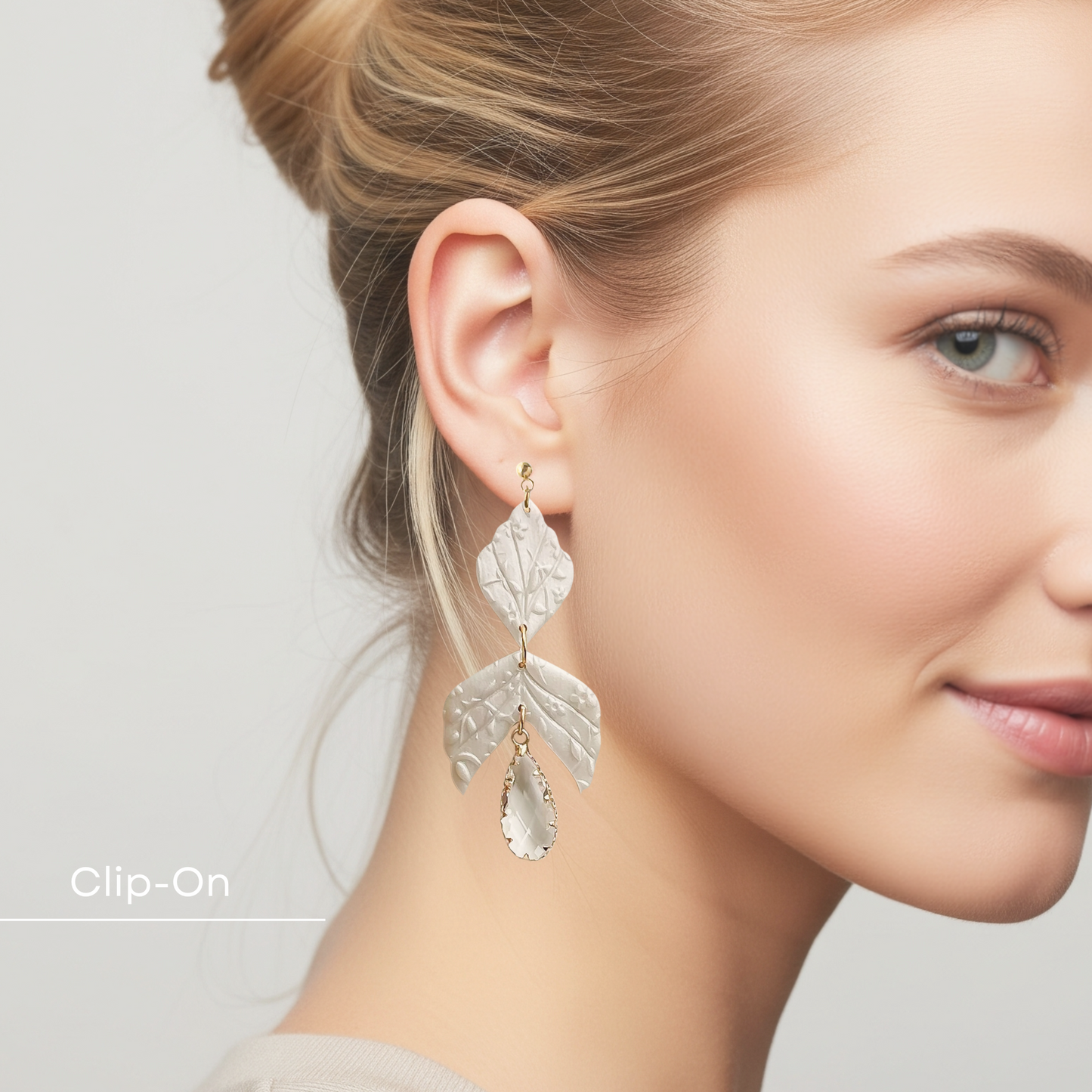 Handmade Bridal Dangle Earrings: Unique Statement Jewelry with Pearl White Polymer Clay & Faceted Glass Charm, Boho Chic Fashion, Clip-On Earring Option