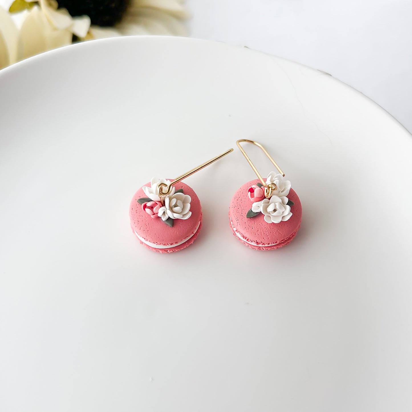 Macaroon Floral Dangle Earrings, Handmade Polymer Clay Jewelry, Floral Clip On Earrings