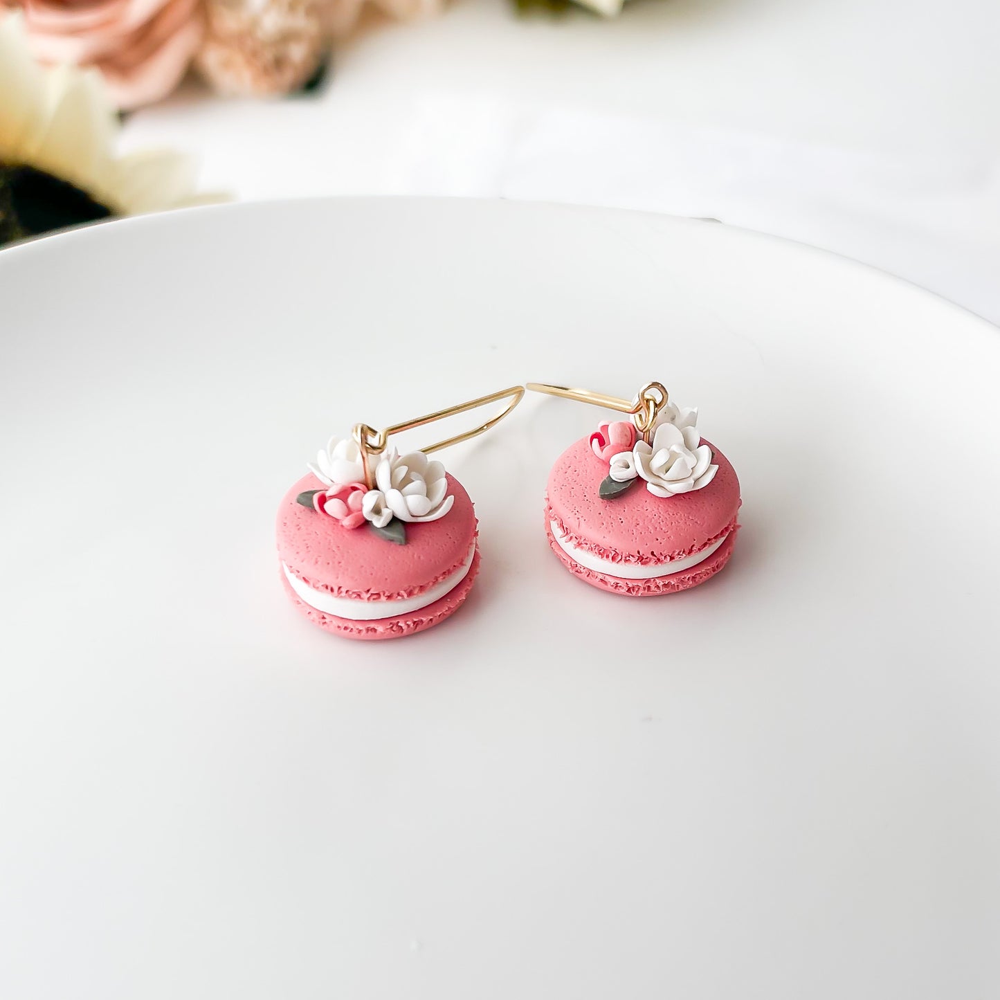 Macaroon Floral Dangle Earrings, Handmade Polymer Clay Jewelry, Floral Clip On Earrings