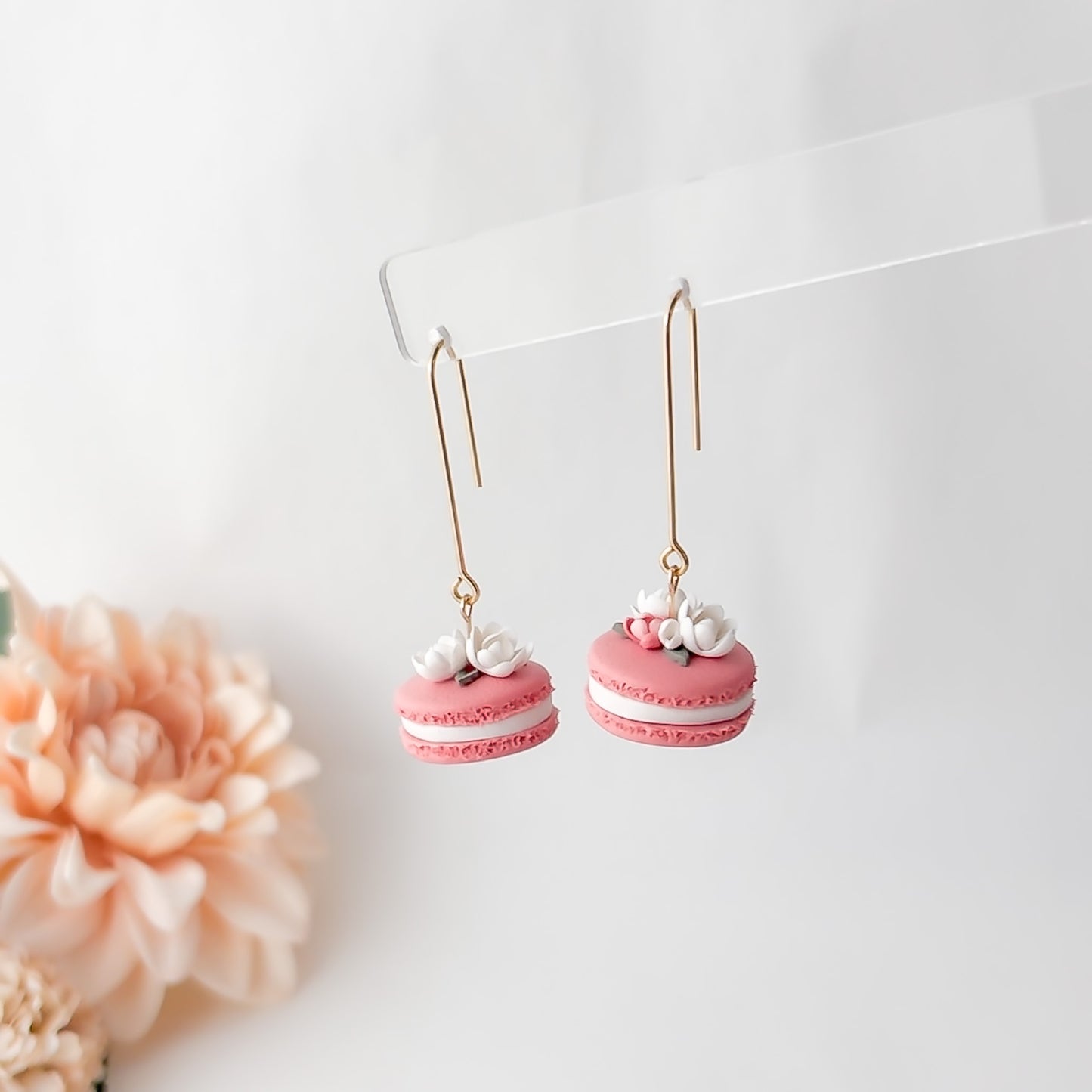 Macaroon Floral Dangle Earrings, Handmade Polymer Clay Jewelry, Floral Clip On Earrings