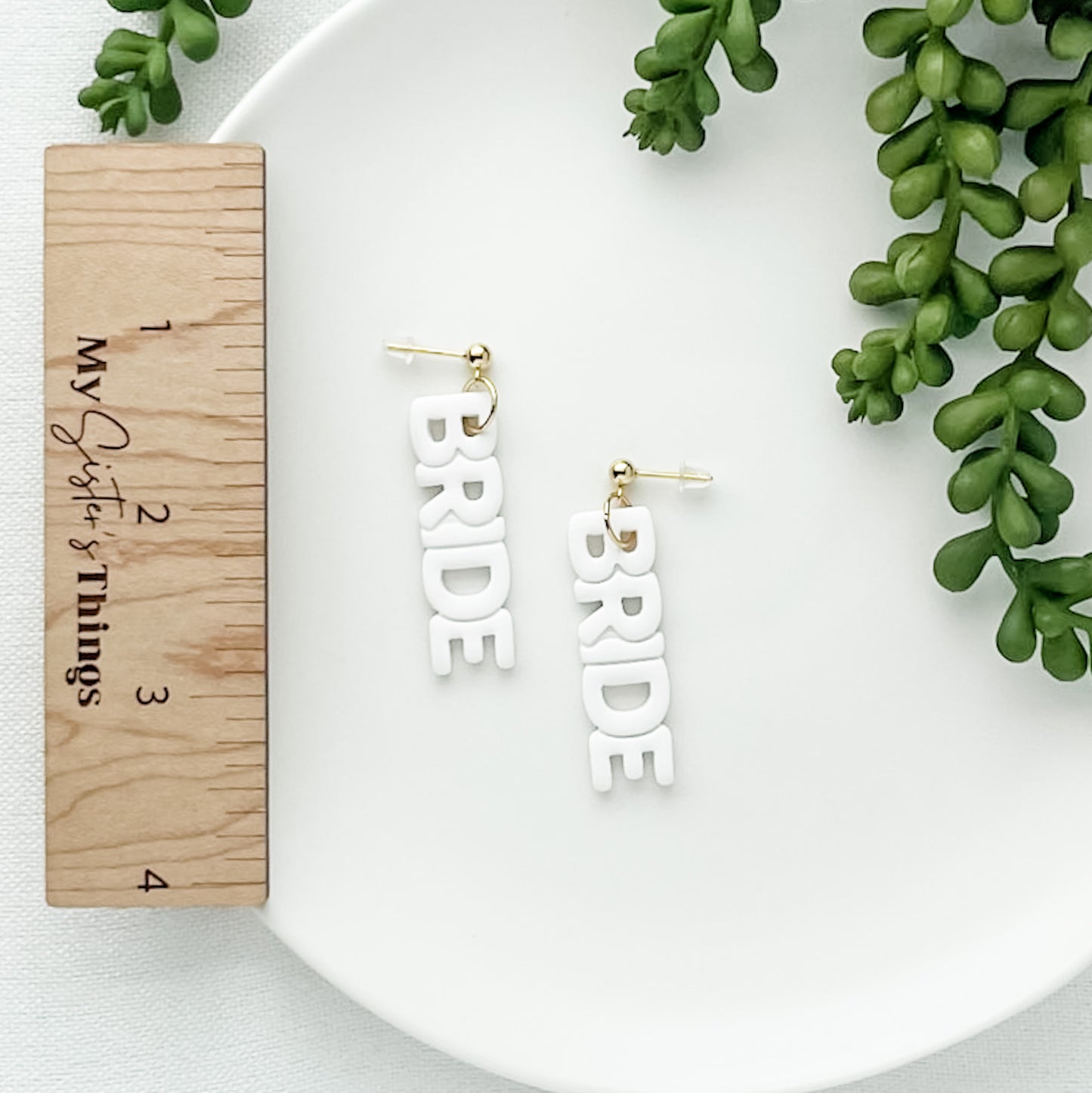 Handmade Bride Dangles For Bachelorette, White & Gold Statement Earrings for Brides, Clip On Polymer Clay Jewelry