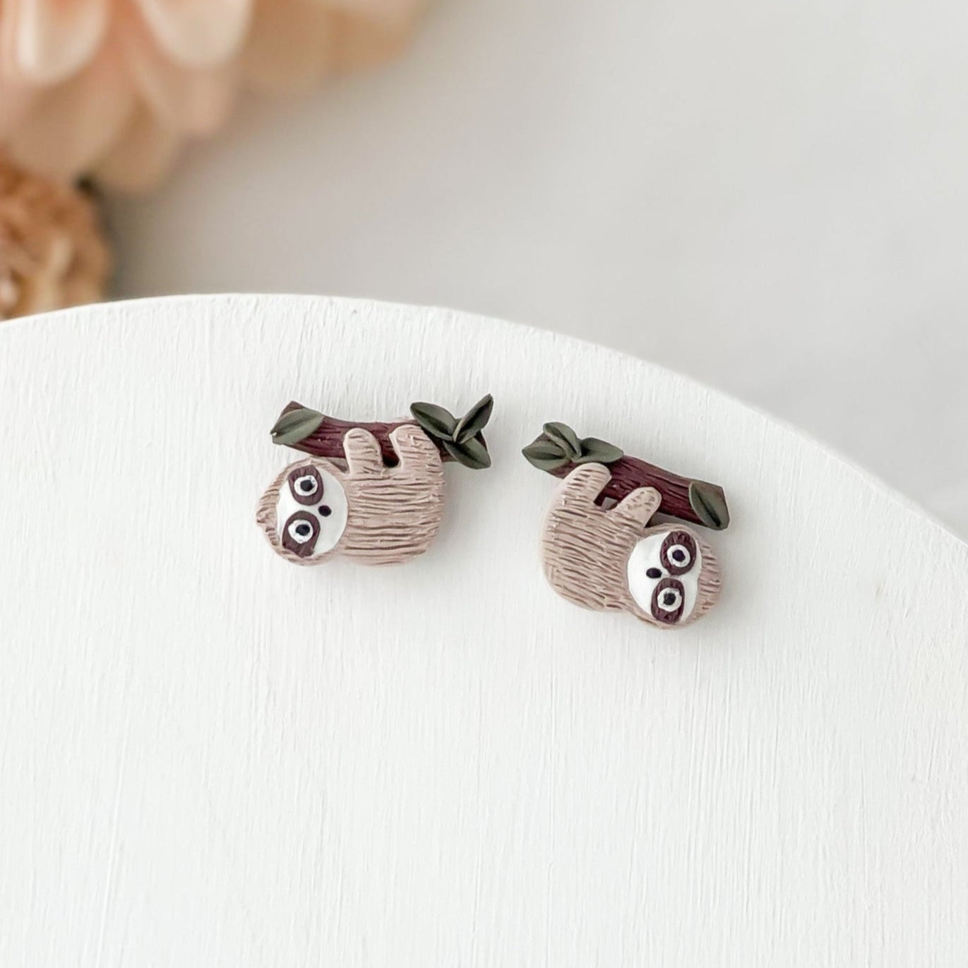 Sloth Stud Earrings, Whimsical Polymer Clay Jewelry, Handmade Clip On Earrings