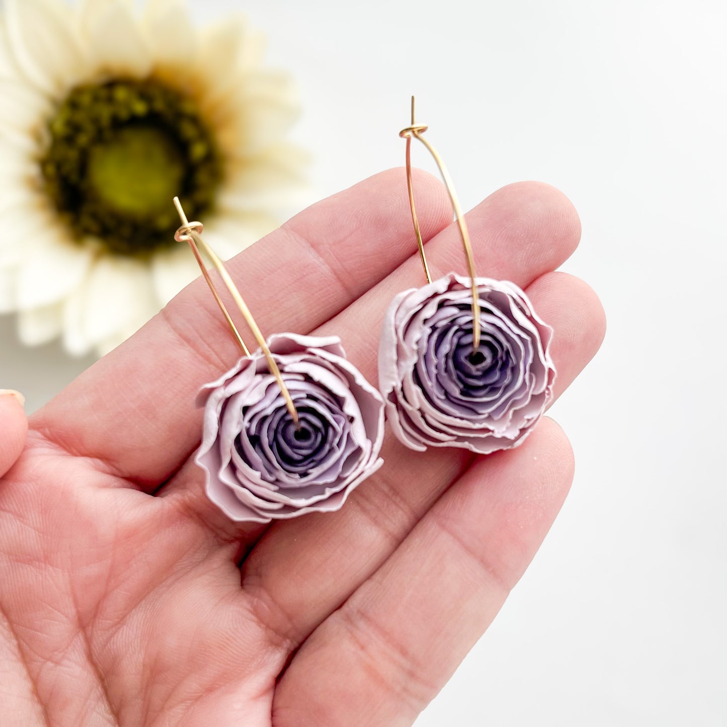 Ranunculus Floral Statement Earrings, Lightweight Handmade Polymer Clay Jewelry, Floral Clip On