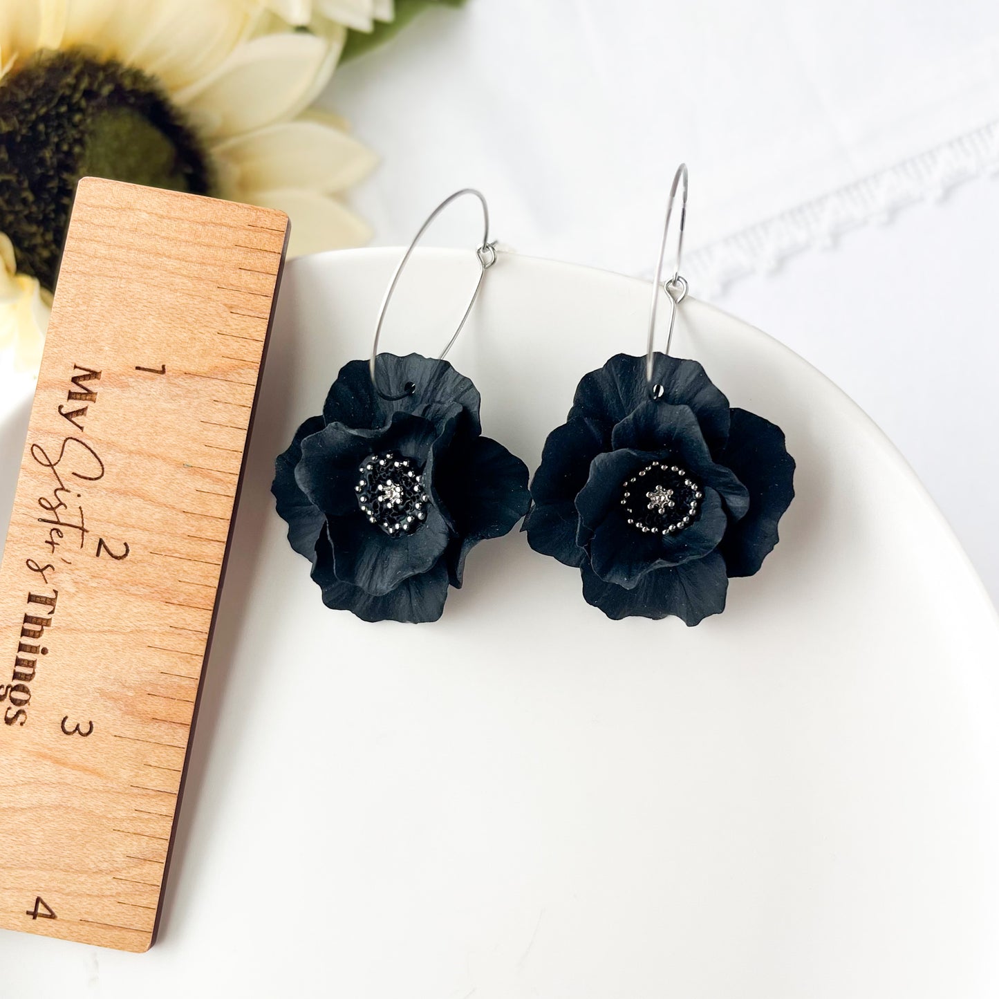 Black Flower Hoop Earrings, Lightweight Statement Jewelry, Polymer Clay Large Flower Earrings