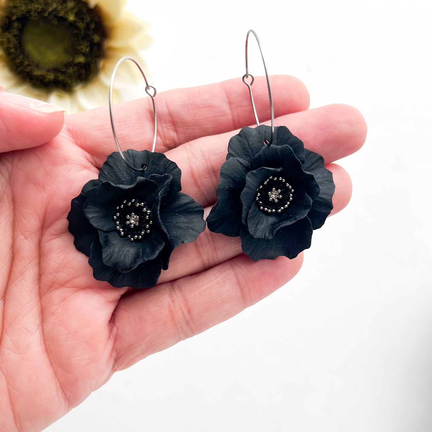Black Flower Hoop Earrings, Lightweight Statement Jewelry, Polymer Clay Large Flower Earrings