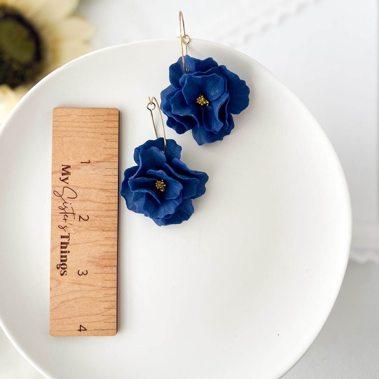 Midnight Blue Flower Earrings, Lightweight Polymer Clay Large Flower Statement Earrings Gold