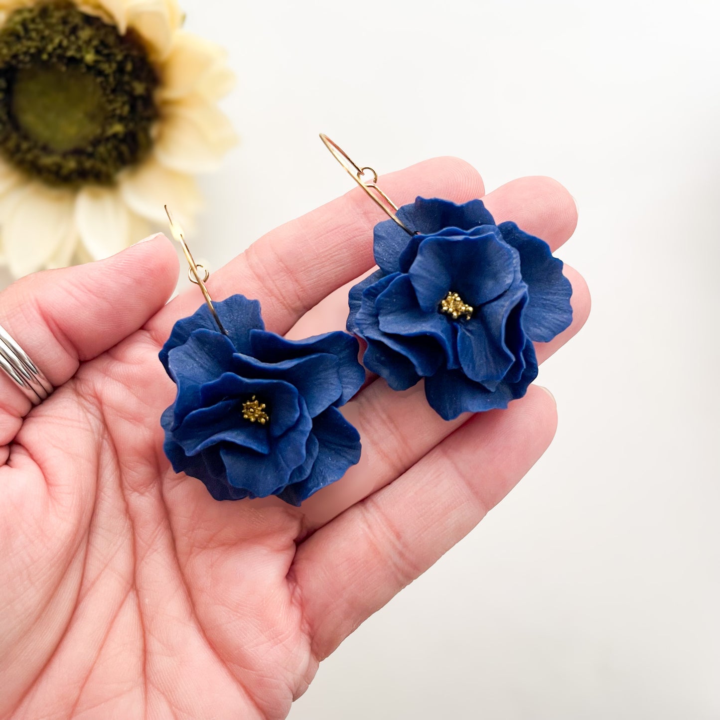 Midnight Blue Flower Earrings, Lightweight Polymer Clay Large Flower Statement Earrings Gold