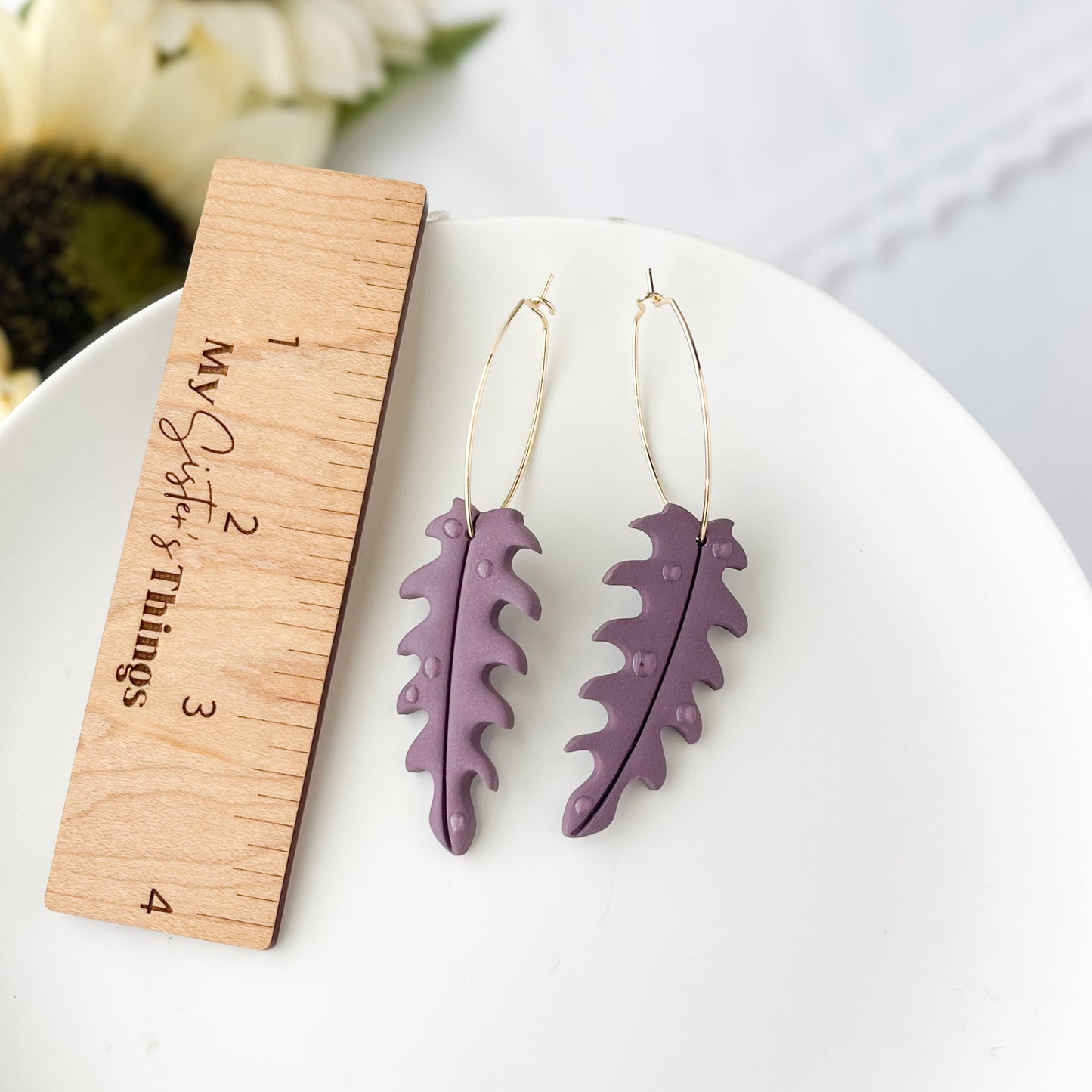 Eggplant Dewey Leaf Dangle Earrings, Handmade Lightweight Statement Jewelry, Polymer Clay Clip On
