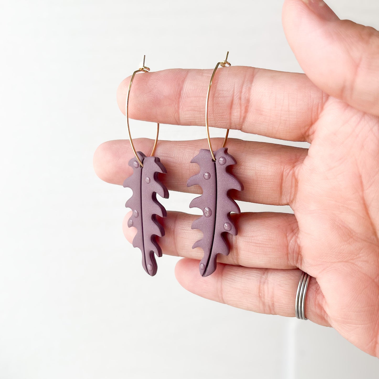 Eggplant Dewey Leaf Dangle Earrings, Handmade Lightweight Statement Jewelry, Polymer Clay Clip On