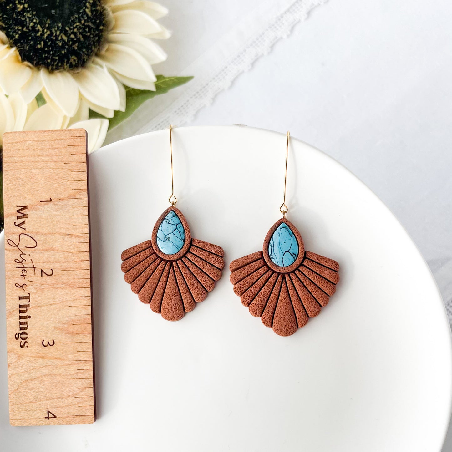 Western Turquoise Polymer Clay Earrings In Brown, Lightweight Boho Dangle Earrings, Handmade Clip On Statement Jewelry