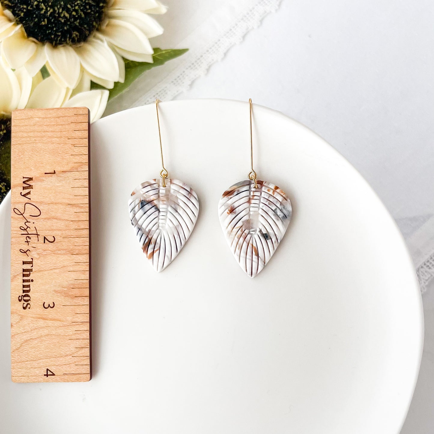 Neutral Marbled Dangle Earrings, Lightweight Polymer Clay Jewelry, Hypoallergenic Boho Earrings, Clip On Earrings