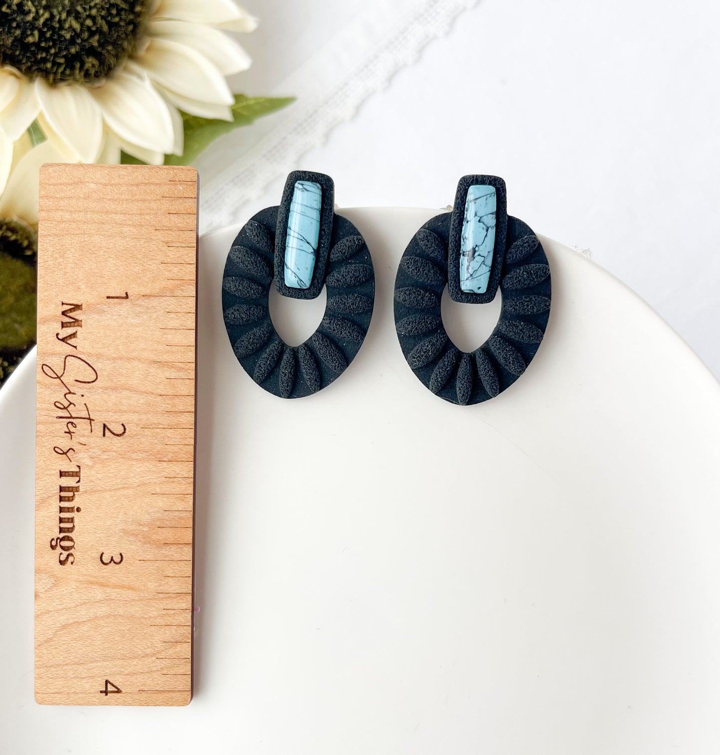 Marble Inlay Black Statement Earrings, Western Concho Stud Earrings, Southwestern Turquoise Clay Jewelry, Clip On Earrings, Faux Turquoise Boho Earrings,