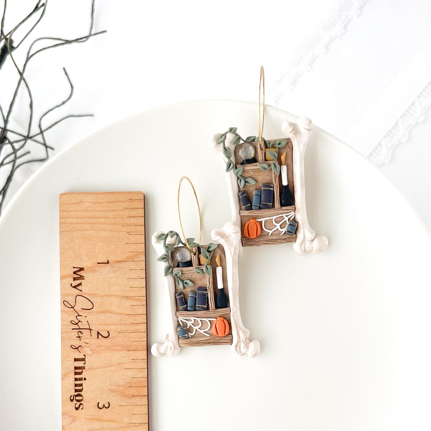Handmade Bones Bookshelf Earrings – Unique Statement Jewelry with Crystal Ball, Candles, and Pumpkin – Trendy Edgy Earrings for Halloween