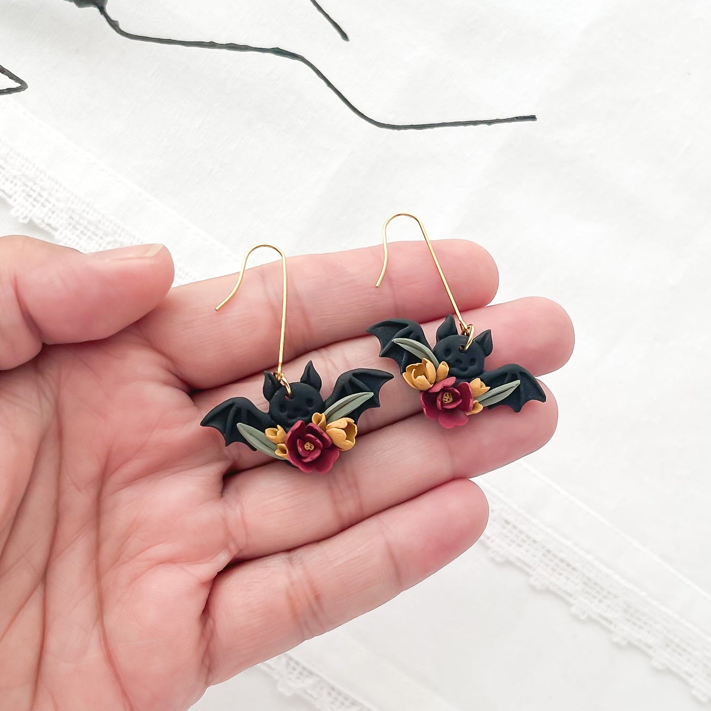 Handmade Floral Bat Earrings | Unique Boho Chic Statement Jewelry | Edgy and Whimsical Fall Accessory