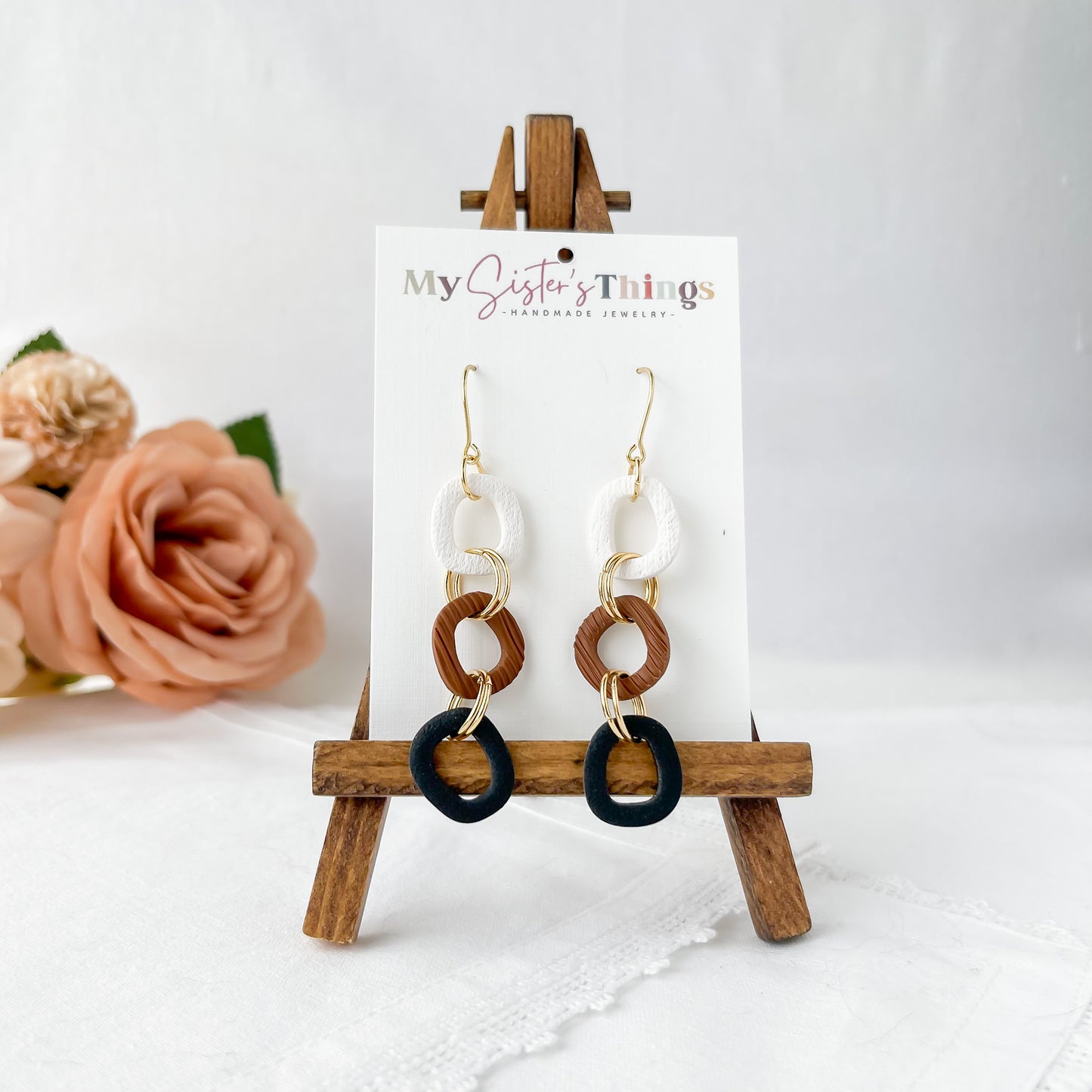 Neutral Dangle Handmade Polymer Clay Statement Earrings | Unique Boho Chic Artisan Jewelry