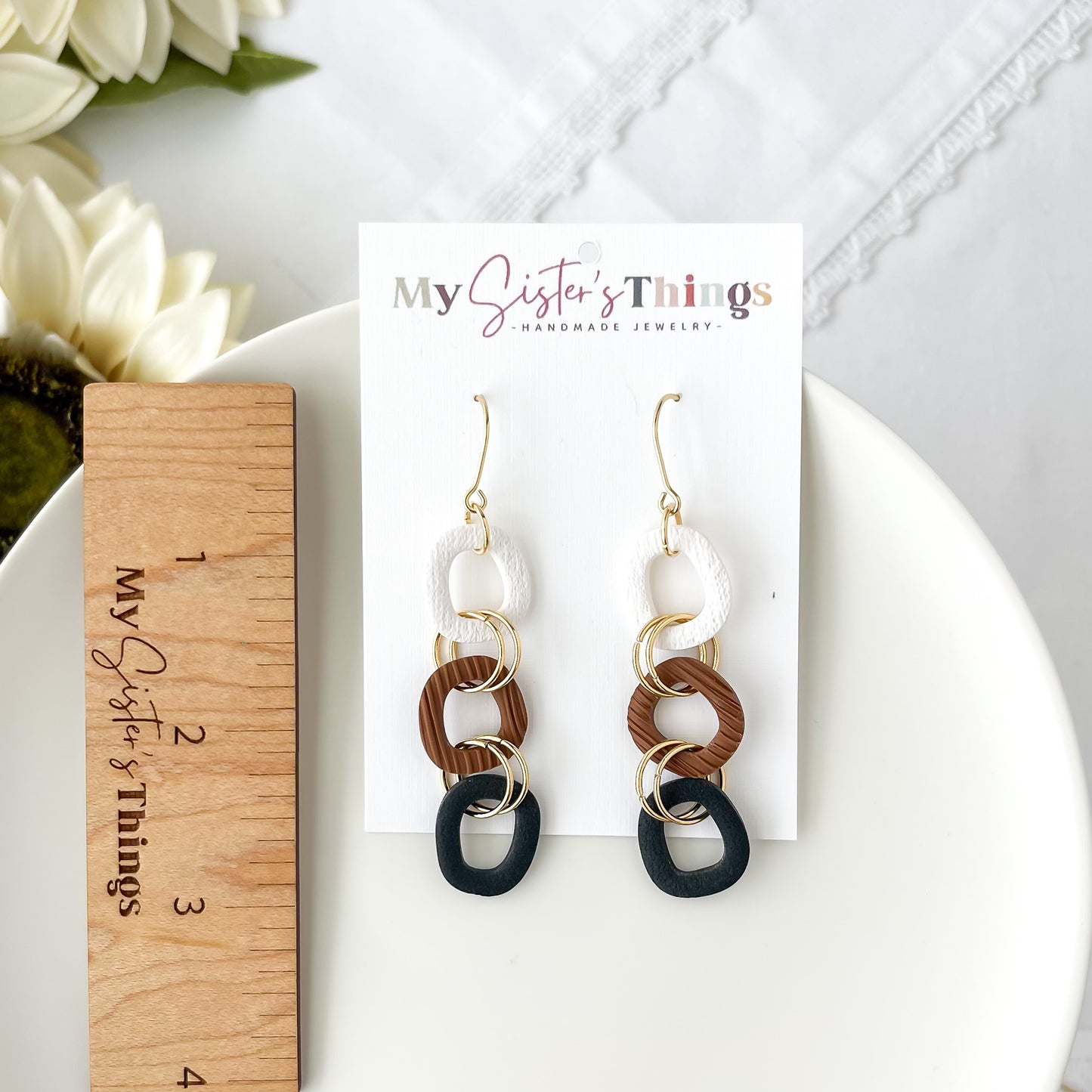 Neutral Dangle Handmade Polymer Clay Statement Earrings | Unique Boho Chic Artisan Jewelry