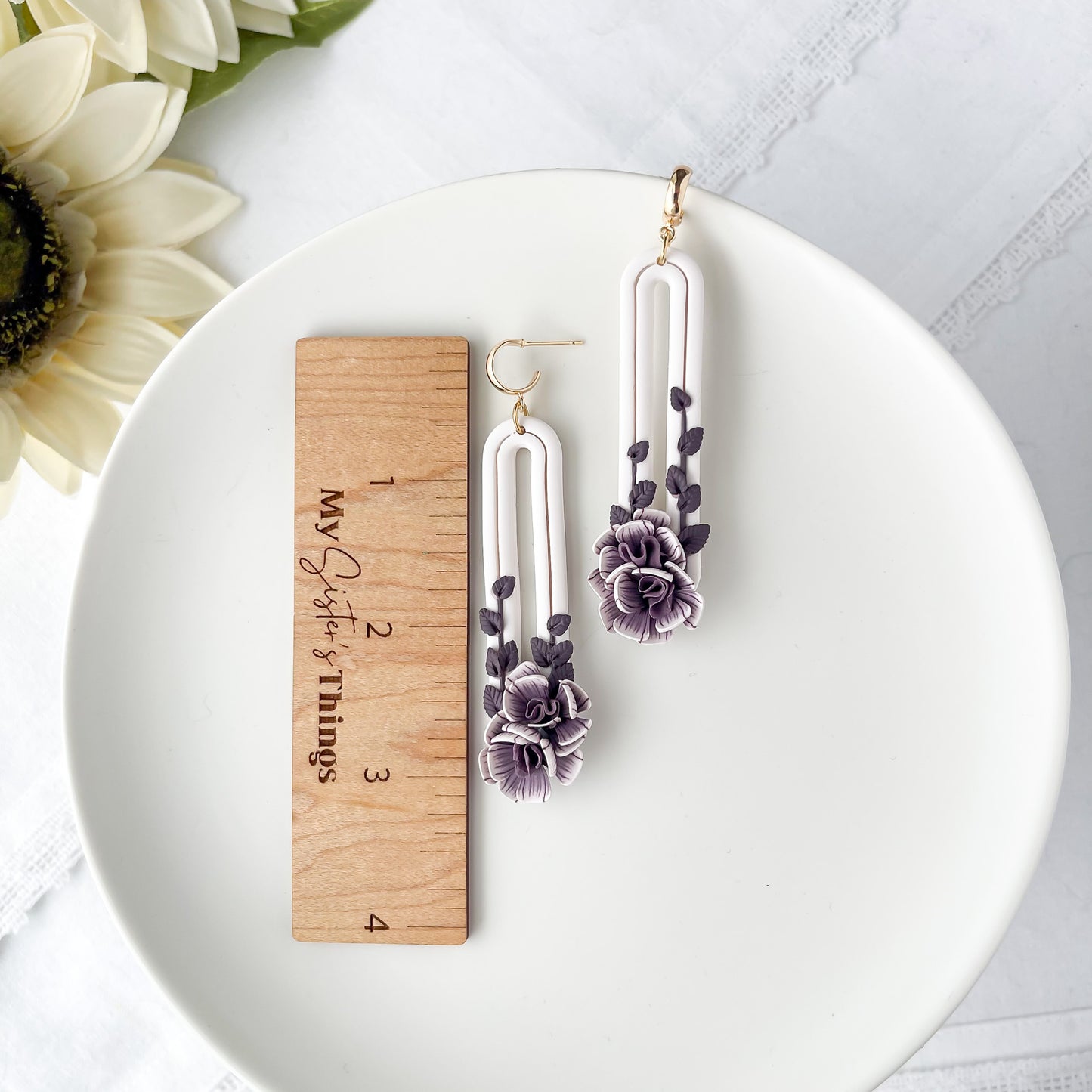 Oval purple flower earrings