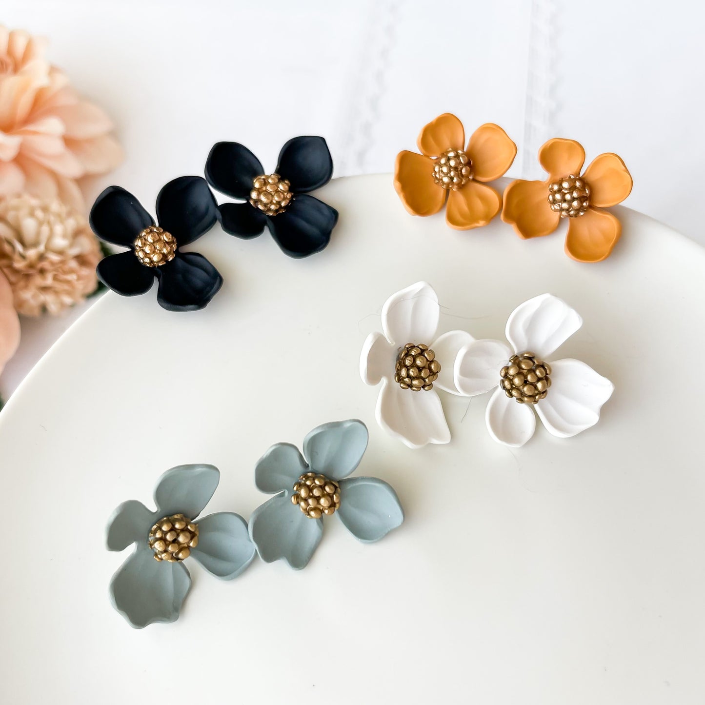 Slate Blue Flower Stud Earrings, Unique Handmade Statement Jewelry, Cottagecore Bohemian Chic Designs
