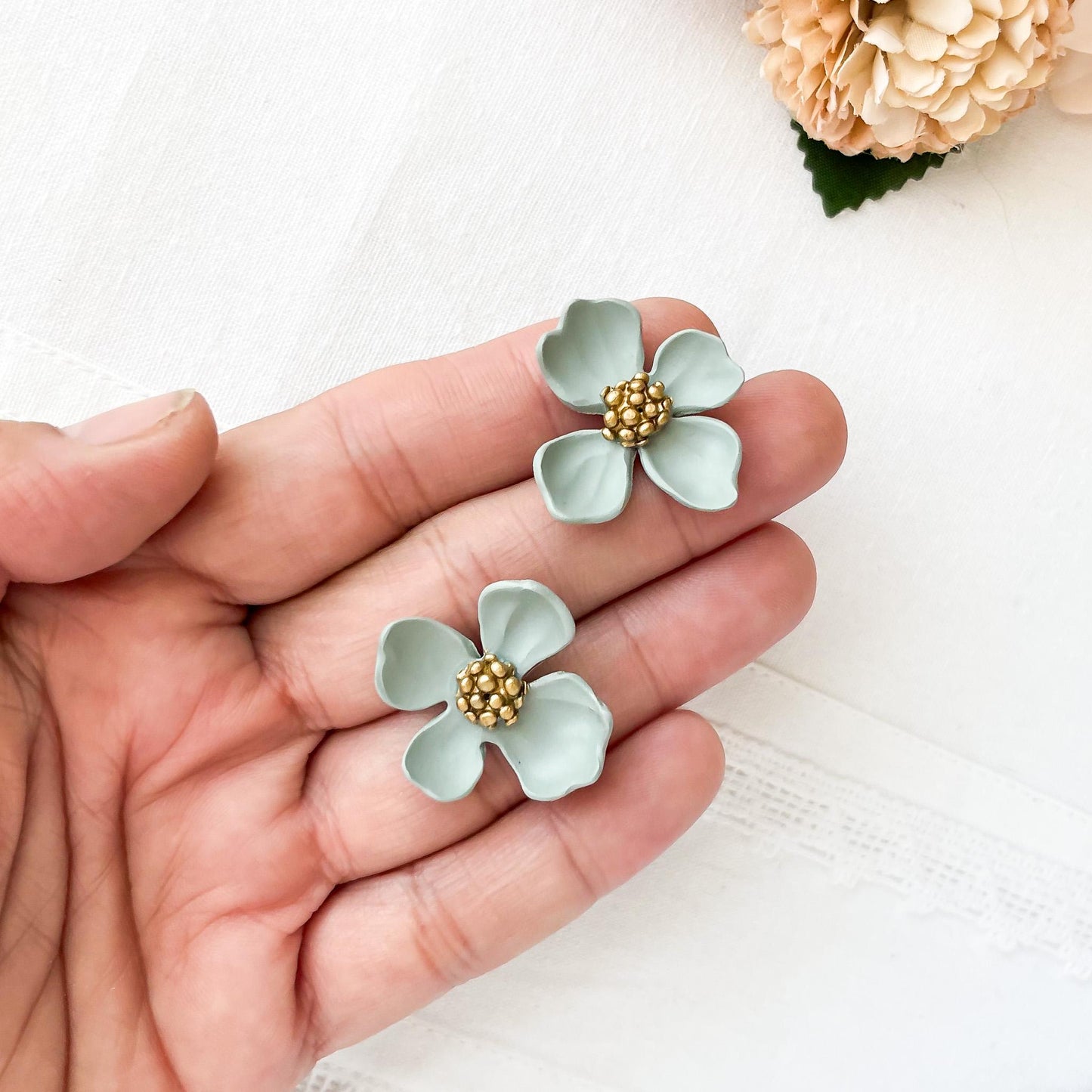 Slate Blue Flower Stud Earrings, Unique Handmade Statement Jewelry, Cottagecore Bohemian Chic Designs