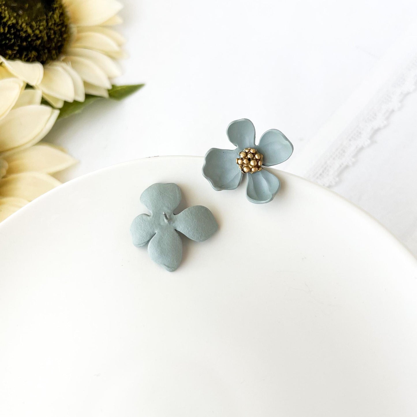Slate Blue Flower Stud Earrings, Unique Handmade Statement Jewelry, Cottagecore Bohemian Chic Designs