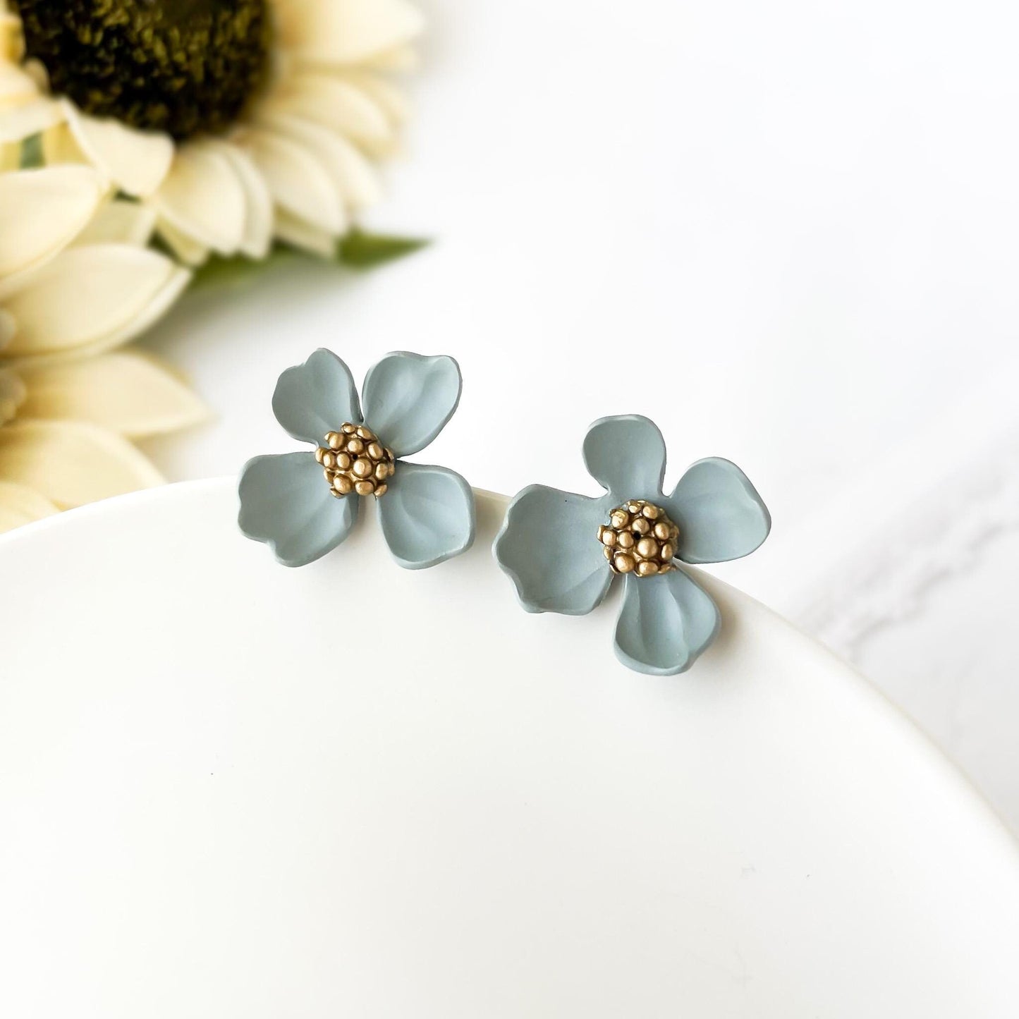 Slate Blue Flower Stud Earrings, Unique Handmade Statement Jewelry, Cottagecore Bohemian Chic Designs