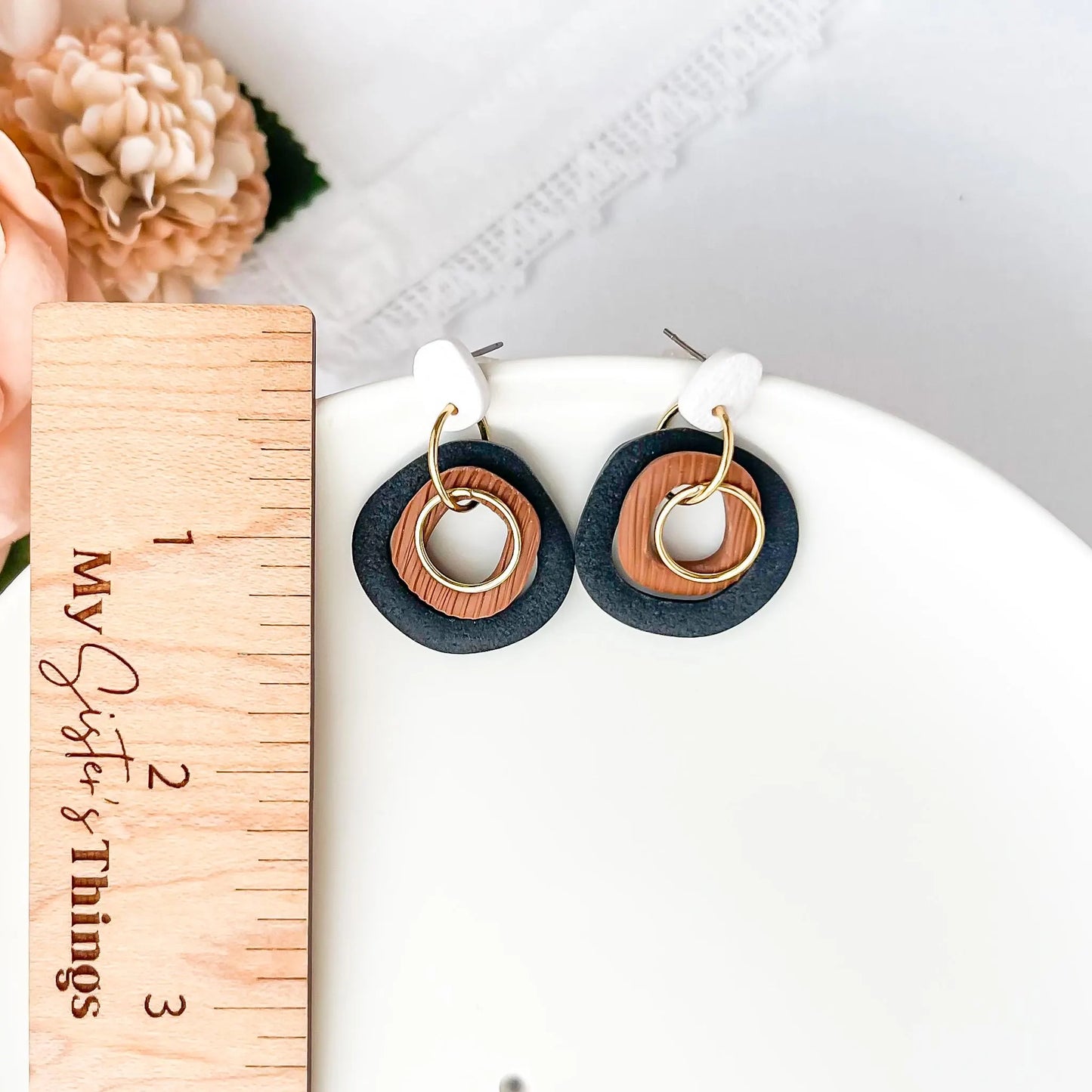 Neutral Geometric Dangle Earrings, Handmade Polymer Clay Earrings, Bold Statement Jewelry, Boho Chic Modern Artisan Jewelry
