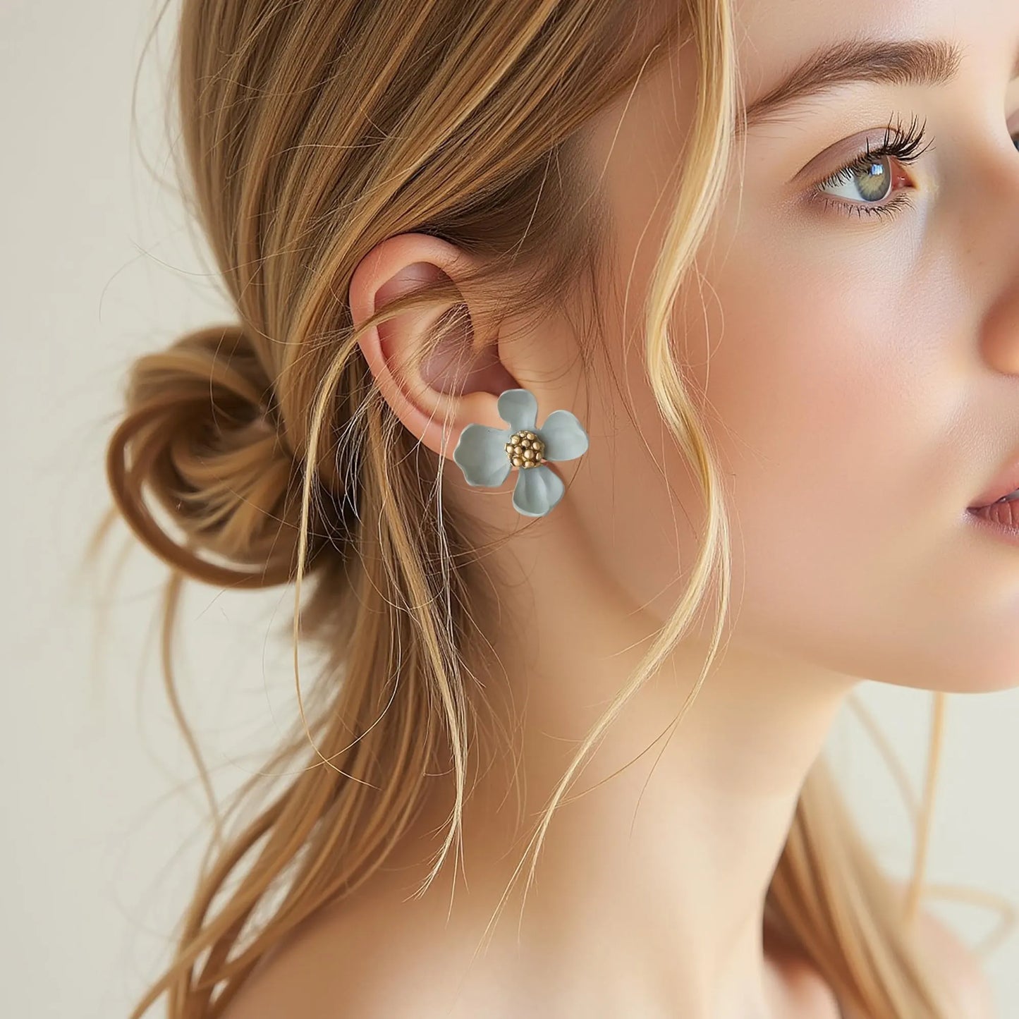 Slate Blue Flower Stud Earrings, Unique Handmade Statement Jewelry, Cottagecore Bohemian Chic Designs
