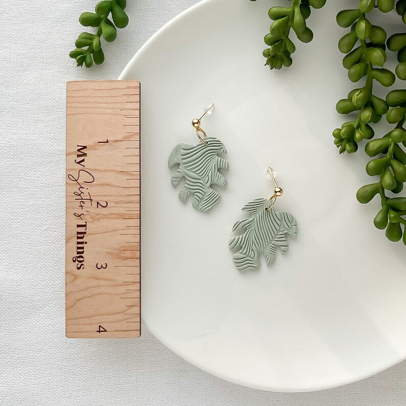 Edgy Handmade Monstera Leaf Earrings – Bold Sage Green Polymer Clay Statement Earrings | Boho Chic Jewelry