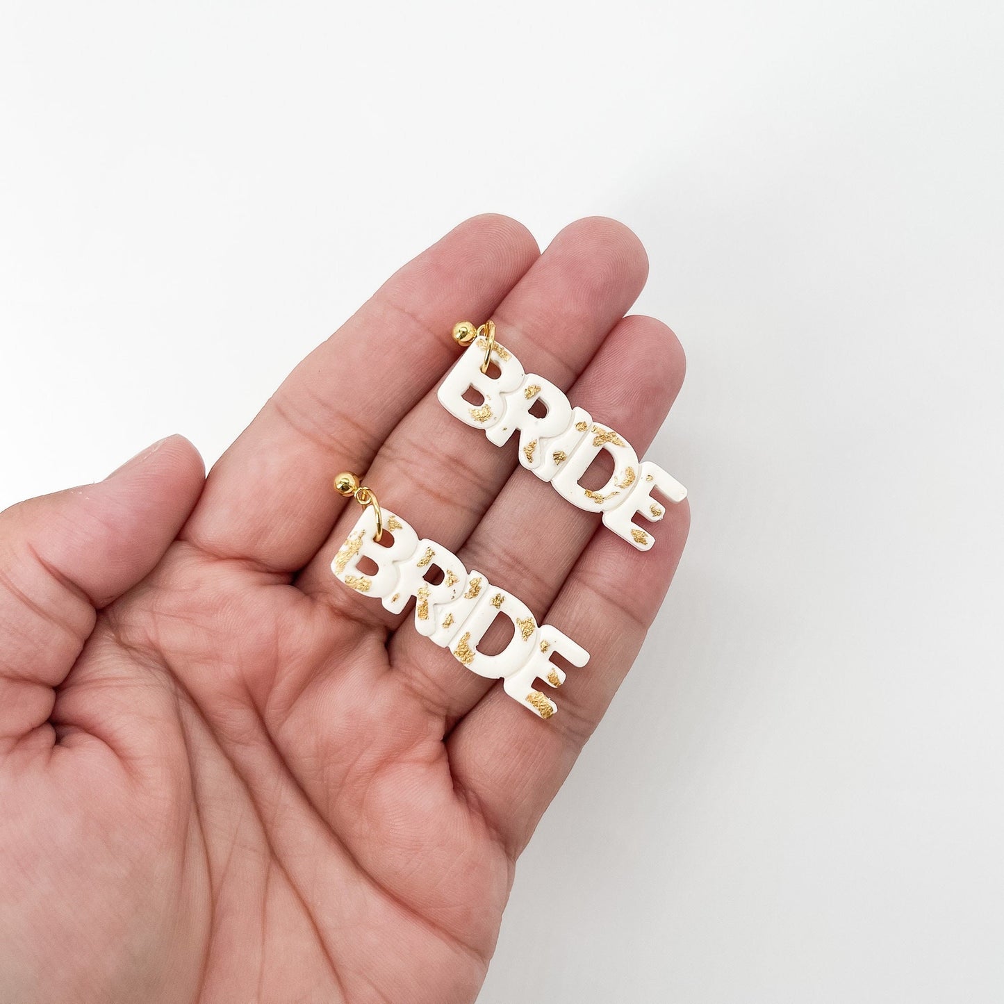 Handmade Bride Dangles For Bachelorette, White & Gold Statement Earrings for Brides, Clip On Polymer Clay Jewelry