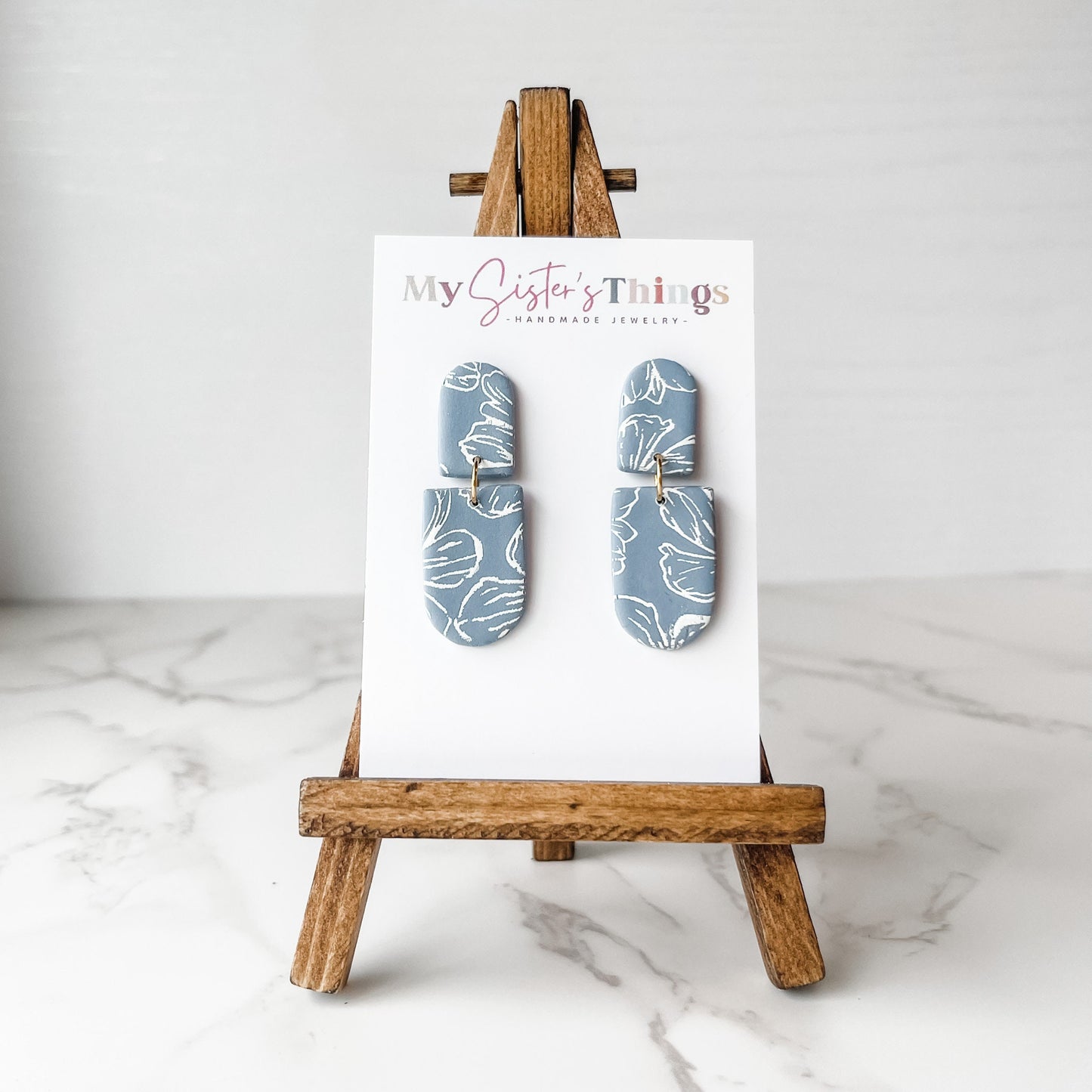 Dusty blue earrings for women, white flower earrings dangle, Mothers day gift for mom, boho earrings clay, best friend birthday gift for her