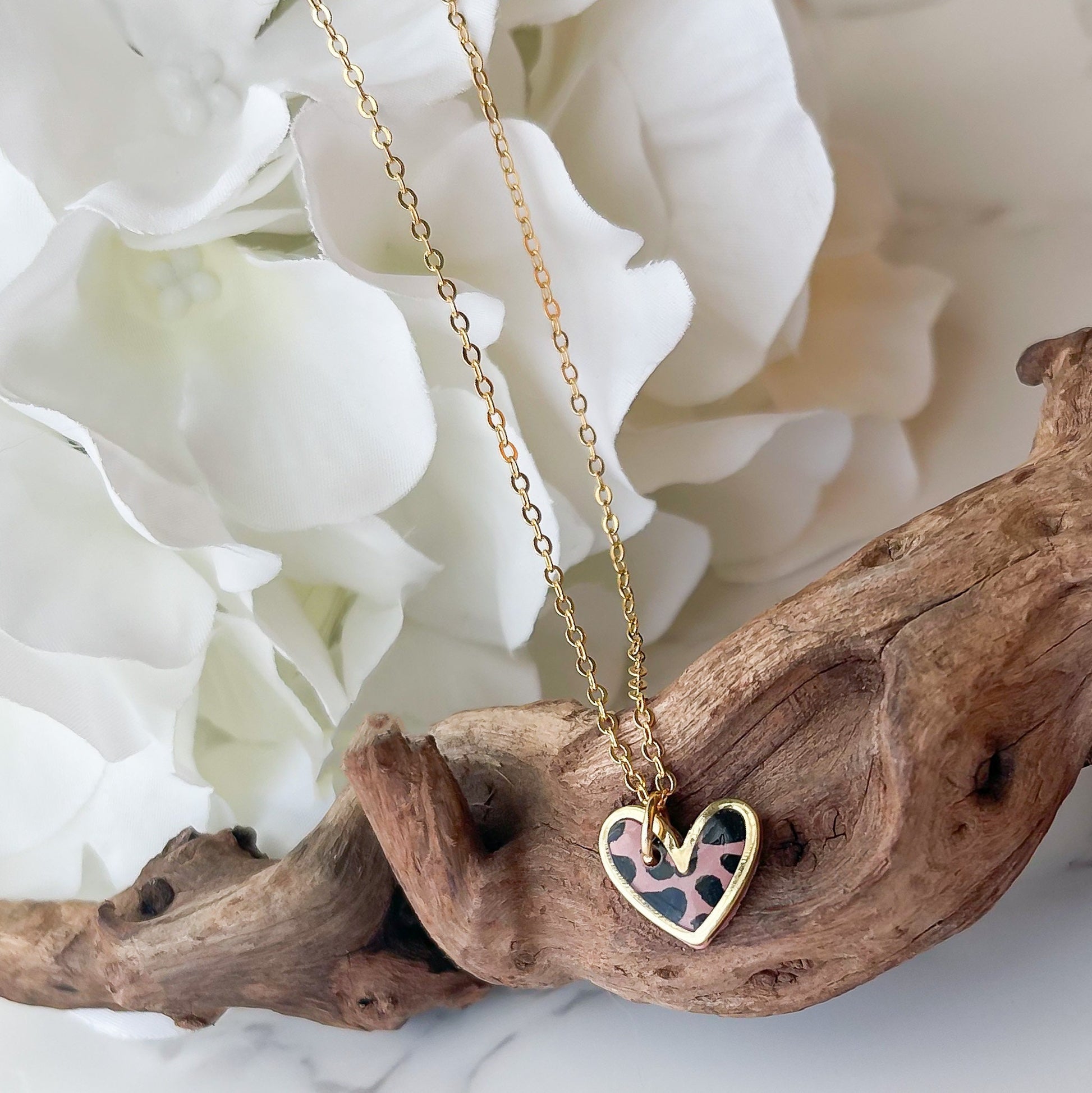 Pink leopard heart necklace gold, trendy jewelry for teens, best friend birthday gift for her, Mothers day gift for mom, teenage girl