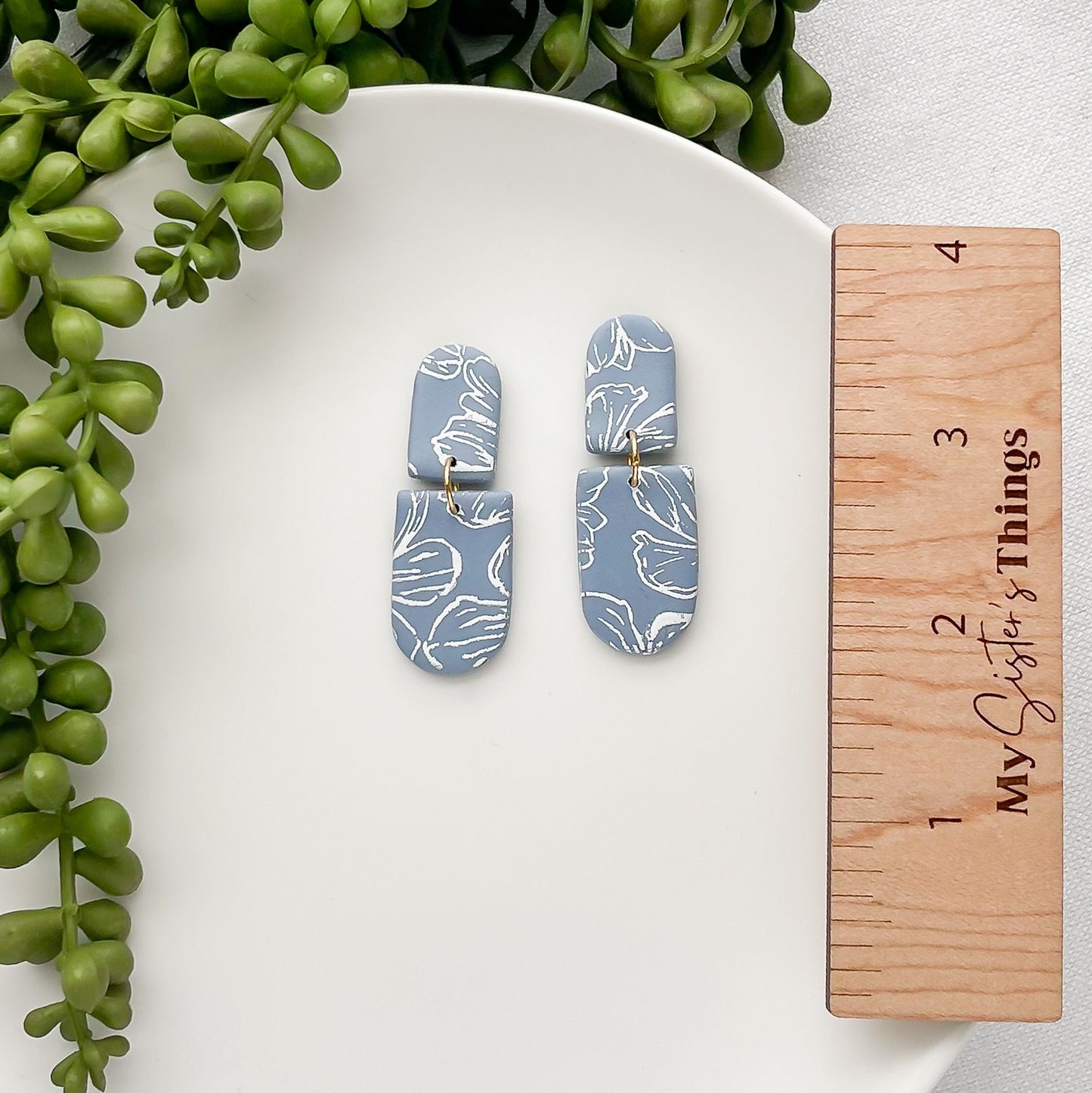 Dusty blue earrings for women, white flower earrings dangle, Mothers day gift for mom, boho earrings clay, best friend birthday gift for her