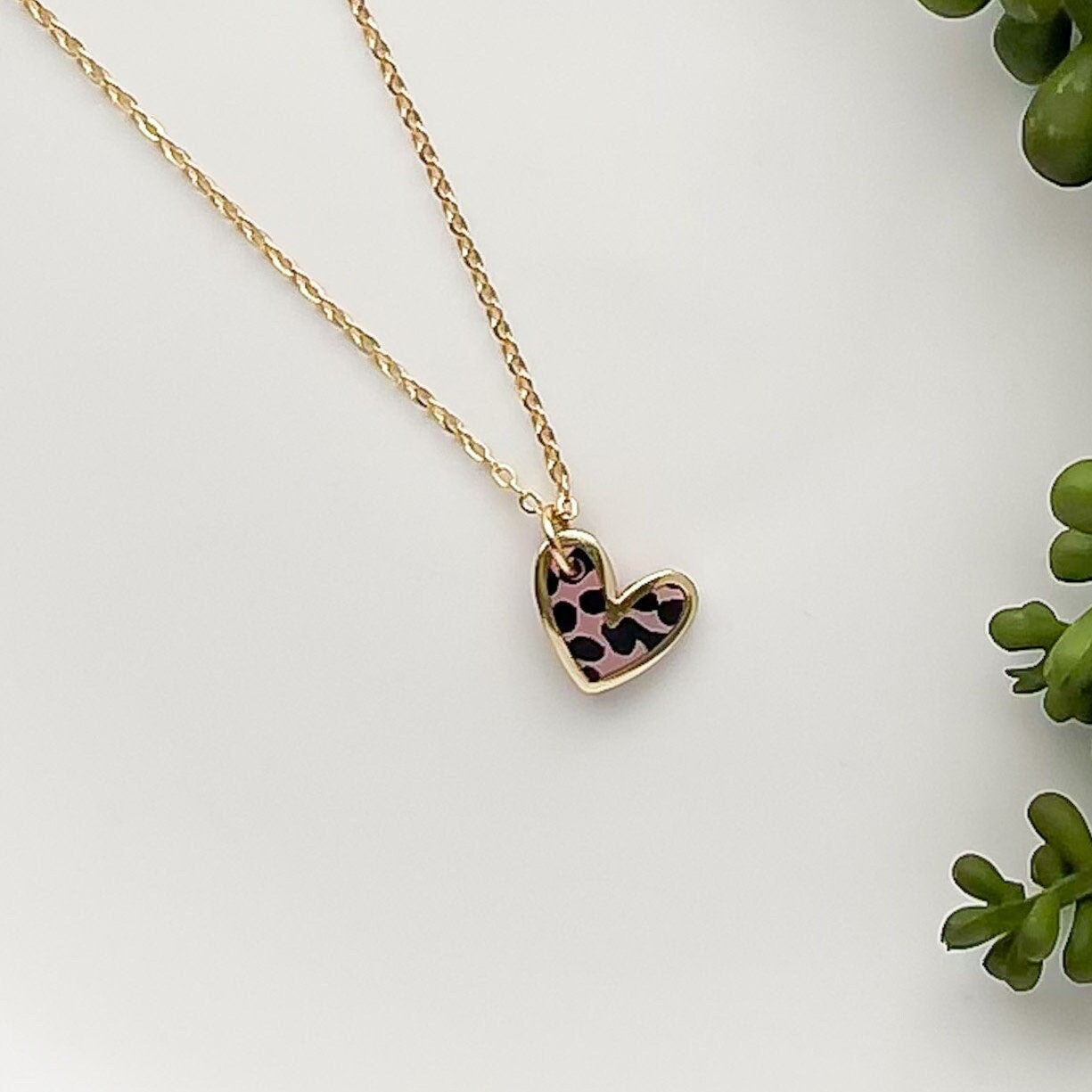 Pink leopard heart necklace gold, trendy jewelry for teens, best friend birthday gift for her, Mothers day gift for mom, teenage girl