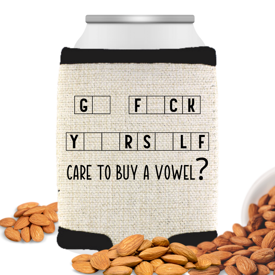 A beige can cooler with black trim and text that reads 'CARE TO BUY A VOWEL?' with each vowel represented by a blank space on the cooler surface, surrounded by peanuts on the floor and a can in the background.