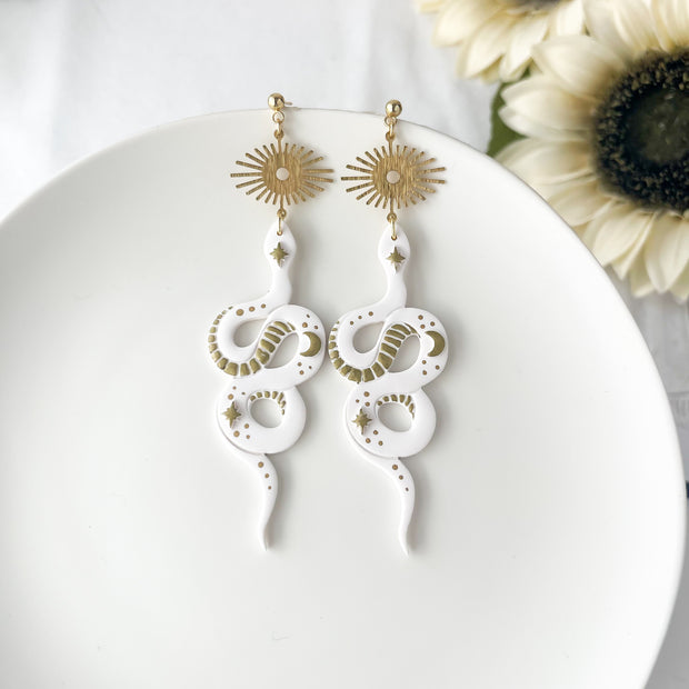 Bold Handmade White Snake Earrings | Unique Edgy Statement Jewelry | Boho Chic Clip-On Earrings Option