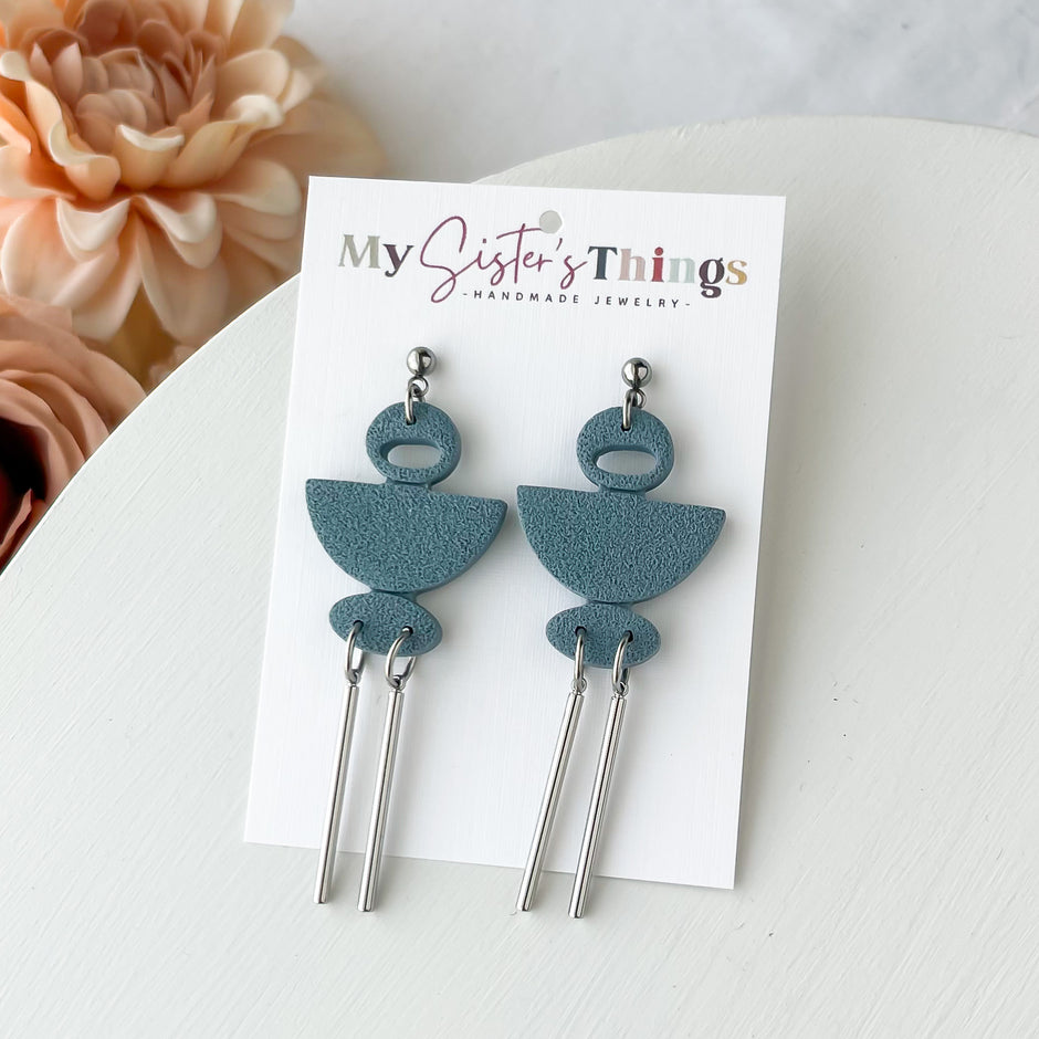 Slate Blue Unique Dangle Geometric Earrings | Lightweight Handmade Statement Jewelry | Polymer Clay Clip On Earrings