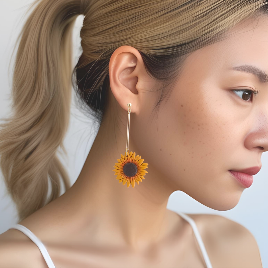 Sunflower Statement Dangle Earrings | Handmade Boho Chic Polymer Clay Jewelry | Lightweight Sunflower Cap-On Earrings For Women