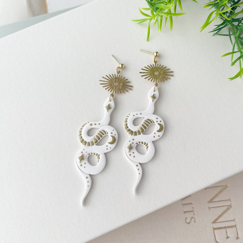 Bold Handmade White Snake Earrings | Unique Edgy Statement Jewelry | Boho Chic Clip-On Earrings Option