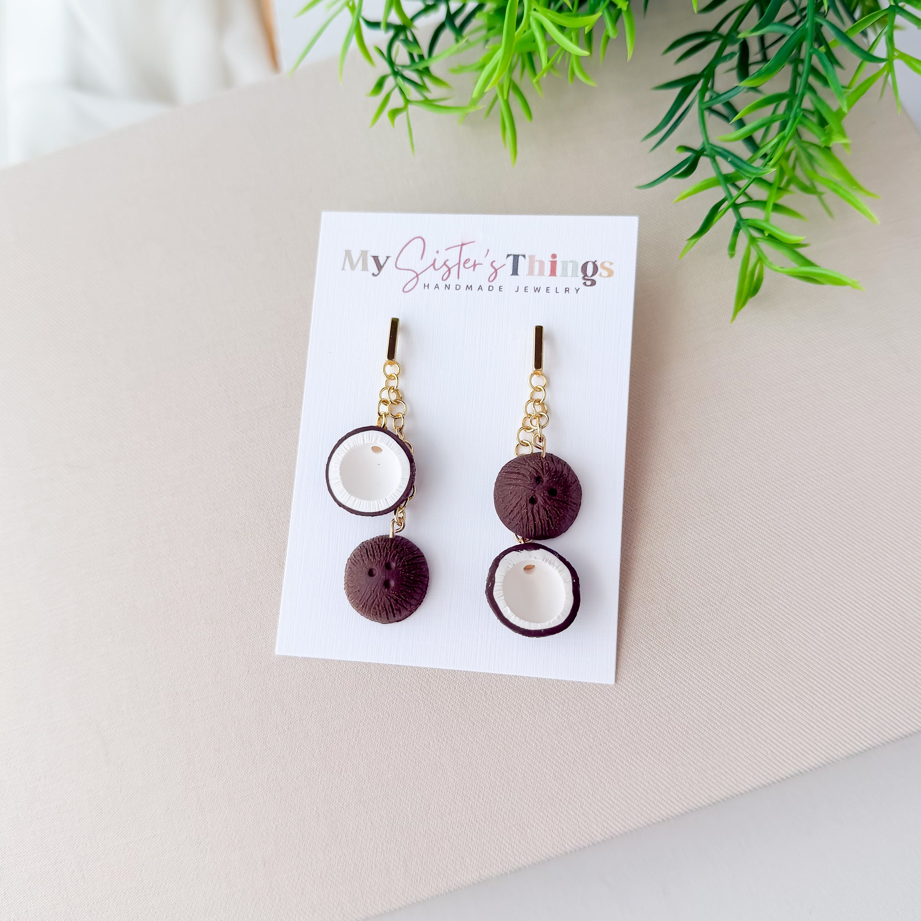 Handmade Coconut Dangle Earrings – Lightweight Polymer Clay Foodie Jewelry