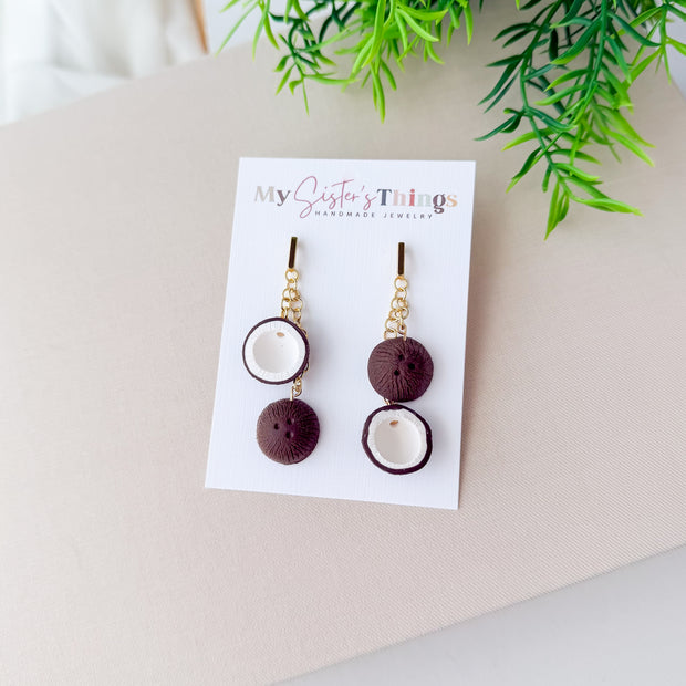 Handmade Coconut Dangle Earrings – Lightweight Polymer Clay Foodie Jewelry