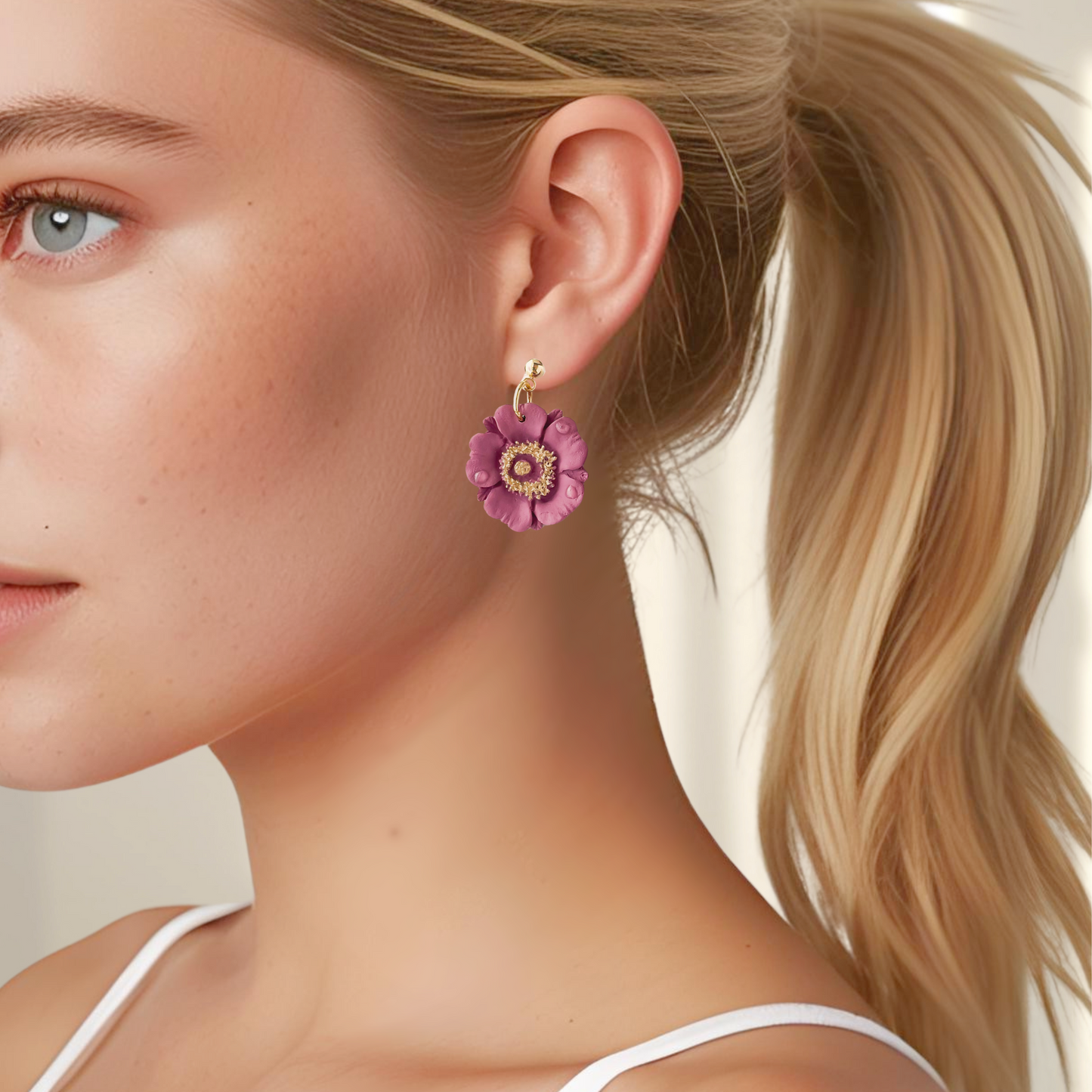 Dewey Mauve Flower Dangle Earrings, Lightweight Polymer Clay Flower Statement Earrings