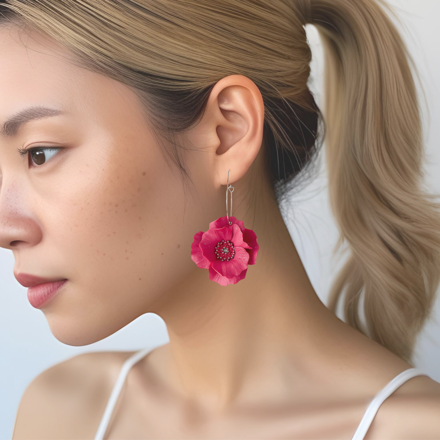 Hot Pink Flower Hoop Earrings, Lightweight Polymer Clay Large Flower Statement Earrings Silver